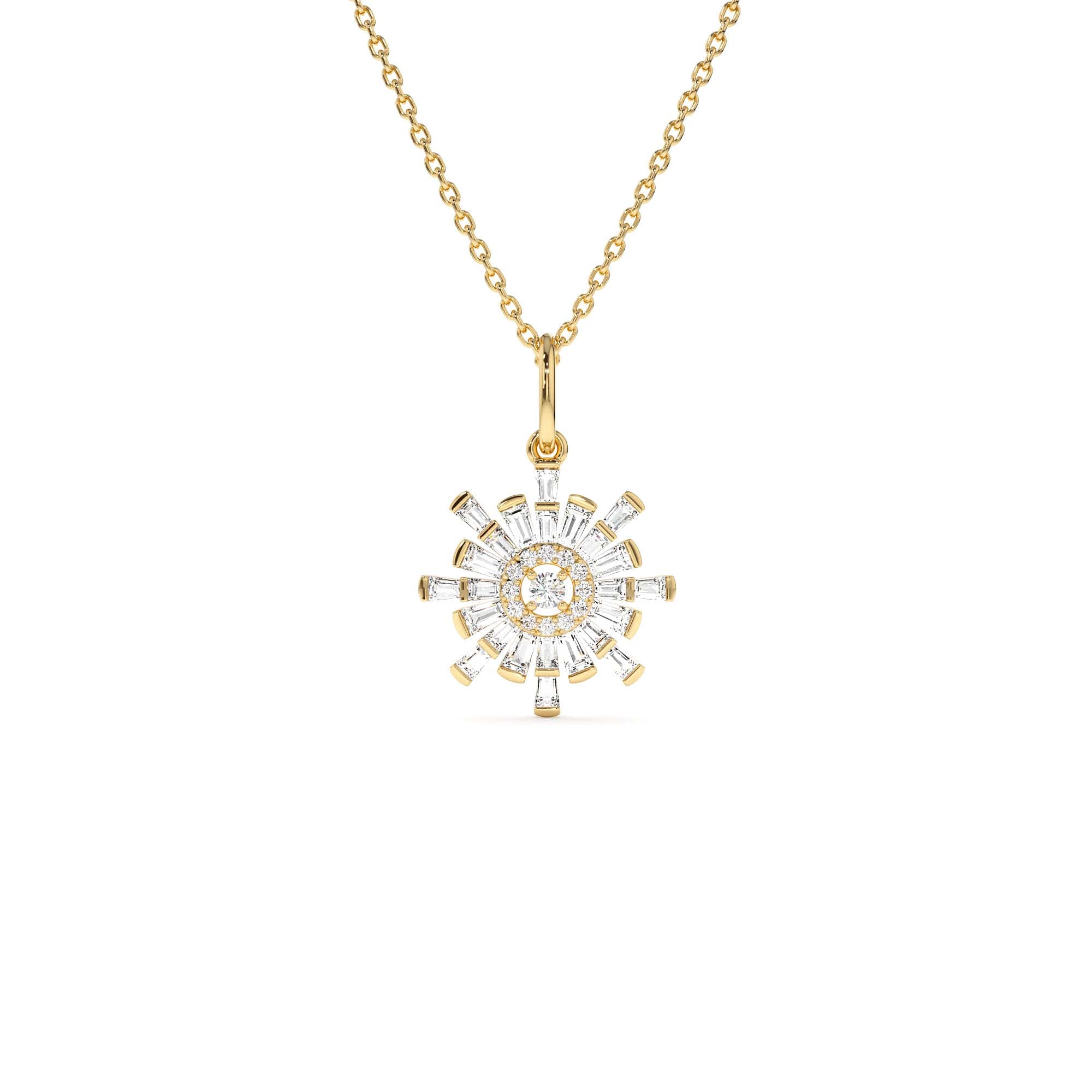 14k Baguette Diamond Sunburst Necklace by Orlina Fine
