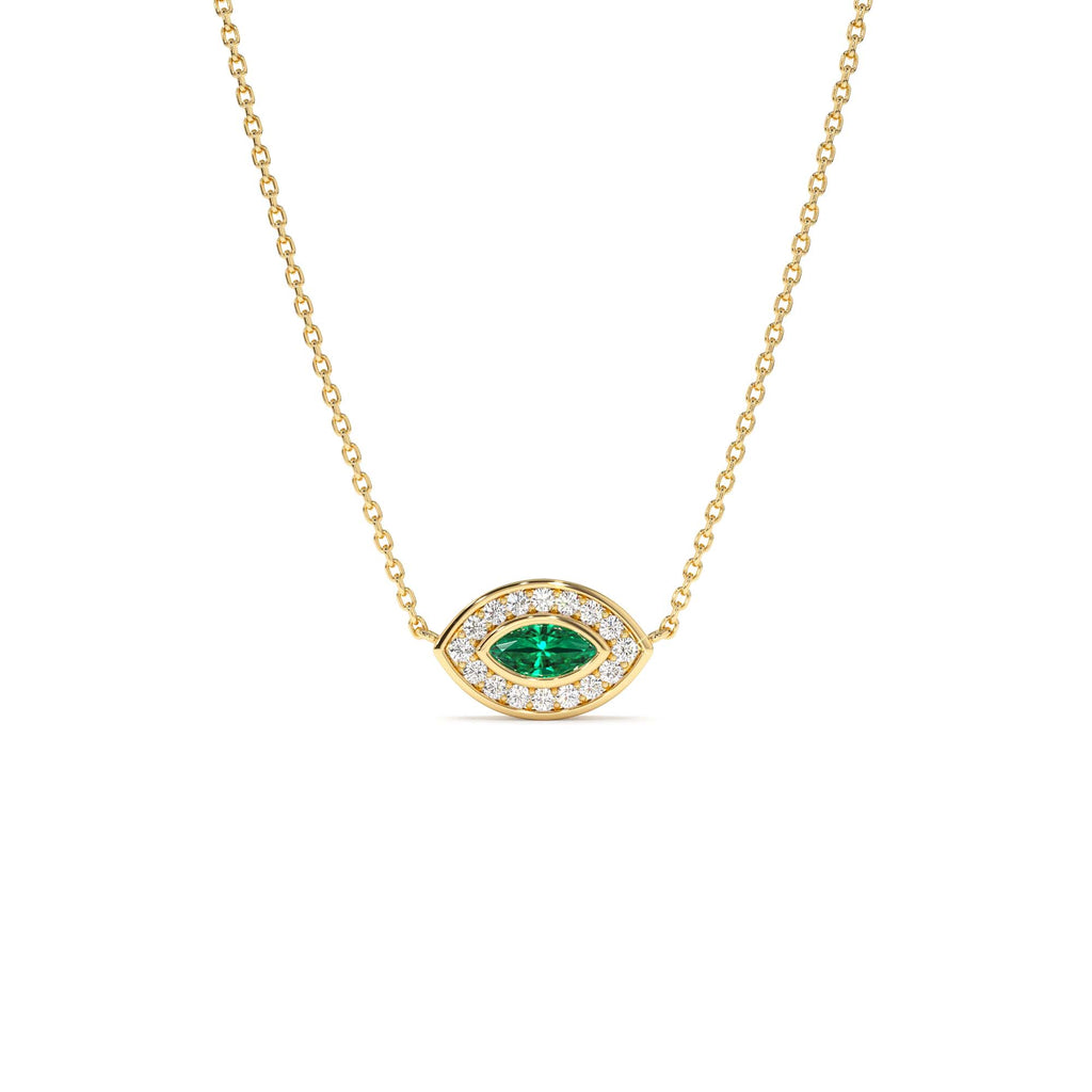 14k Marquise Emerald Diamond Halo Necklace by Orlina Fine
