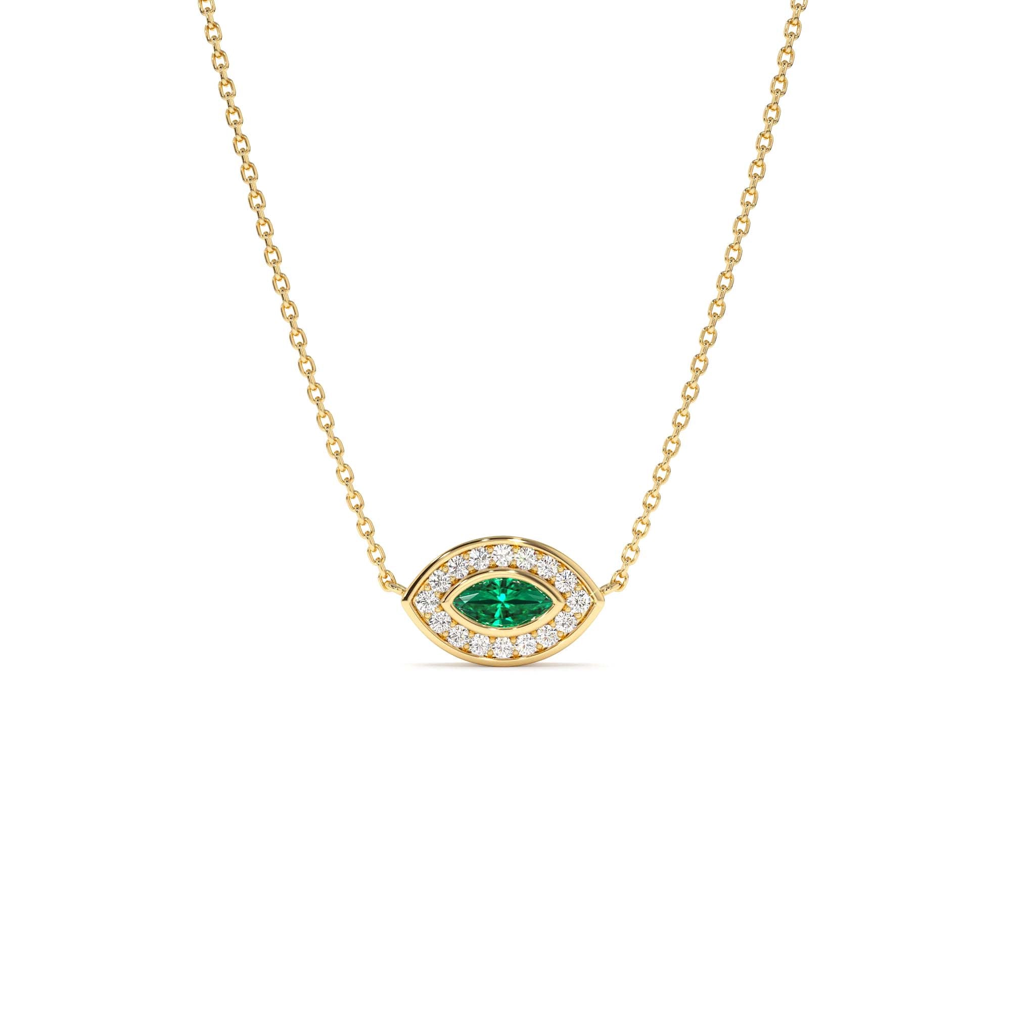 14k Marquise Emerald Diamond Halo Necklace by Orlina Fine