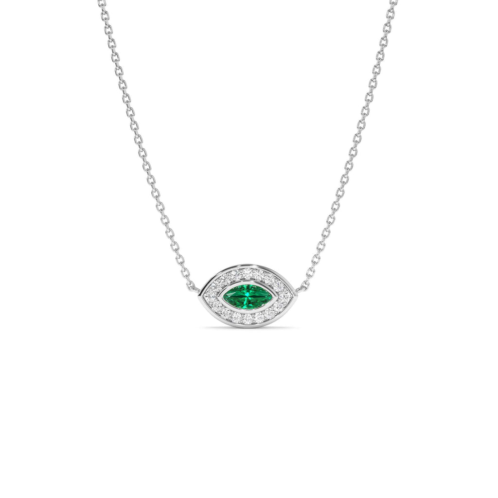 14k Marquise Emerald Diamond Halo Necklace - view 2