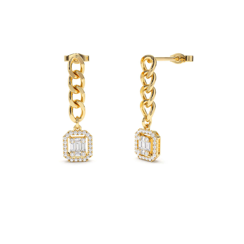 14k Baguette Diamond Halo Chain Earrings by Orlina Fine