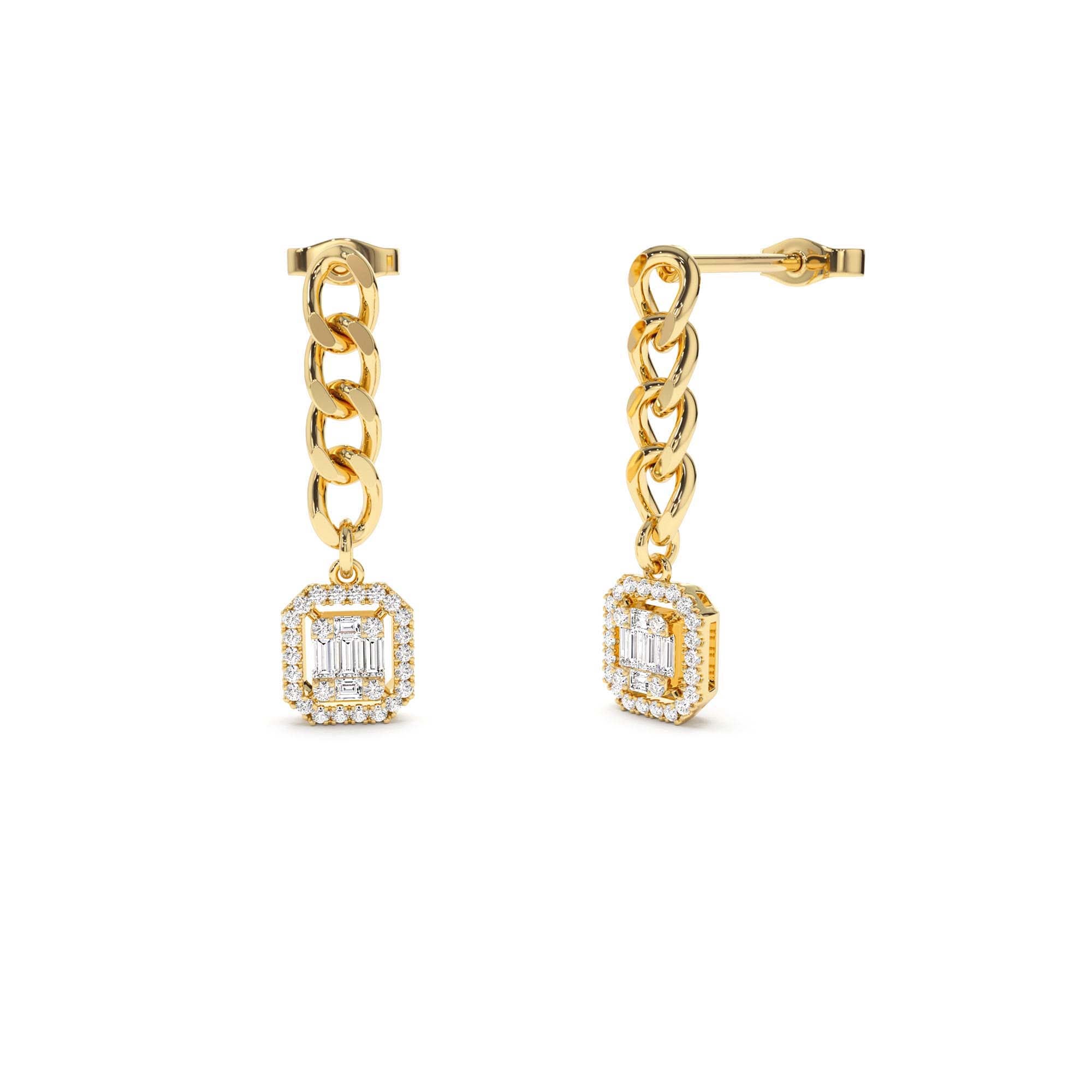 14k Baguette Diamond Halo Chain Earrings by Orlina Fine