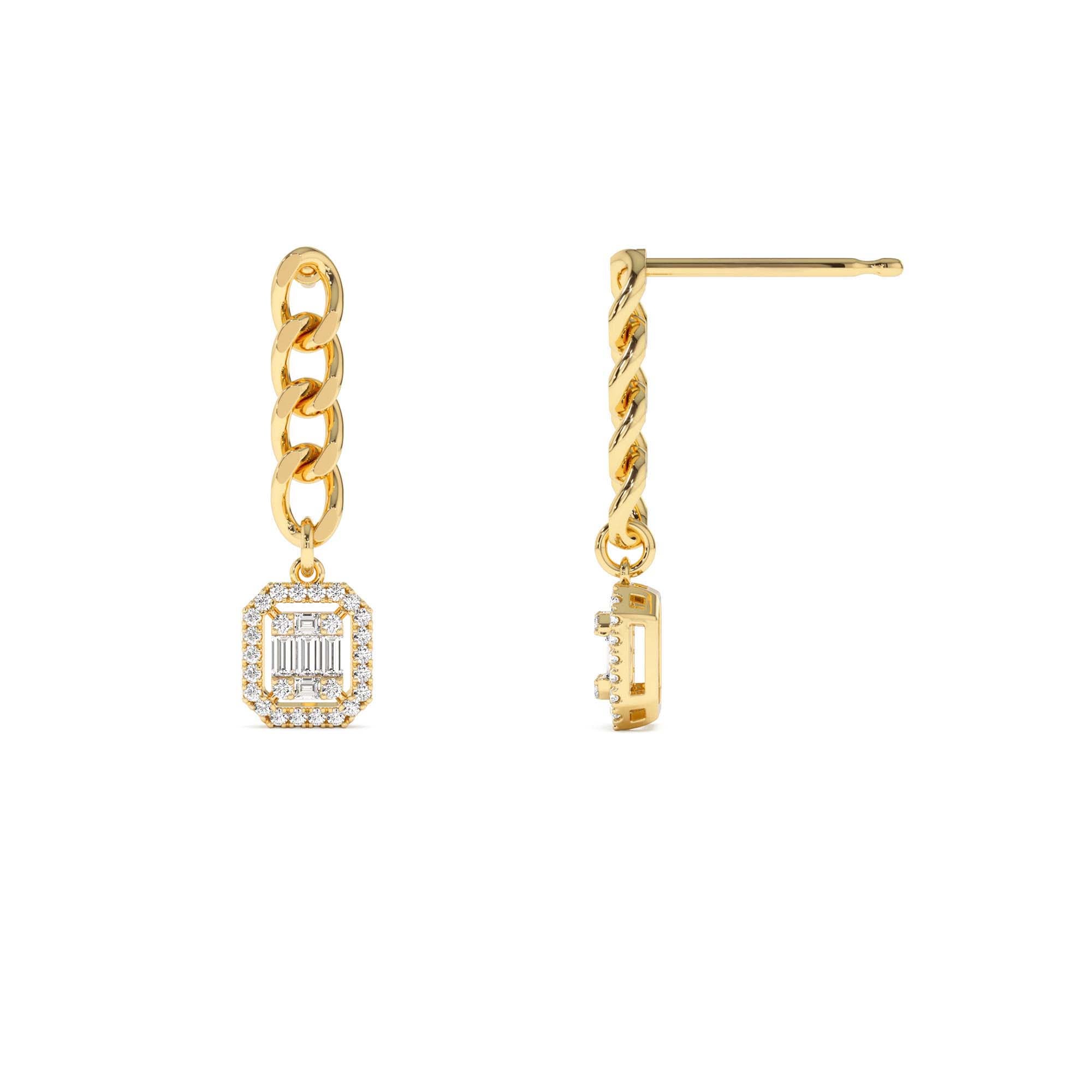 14k Baguette Diamond Halo Chain Earrings - view 2