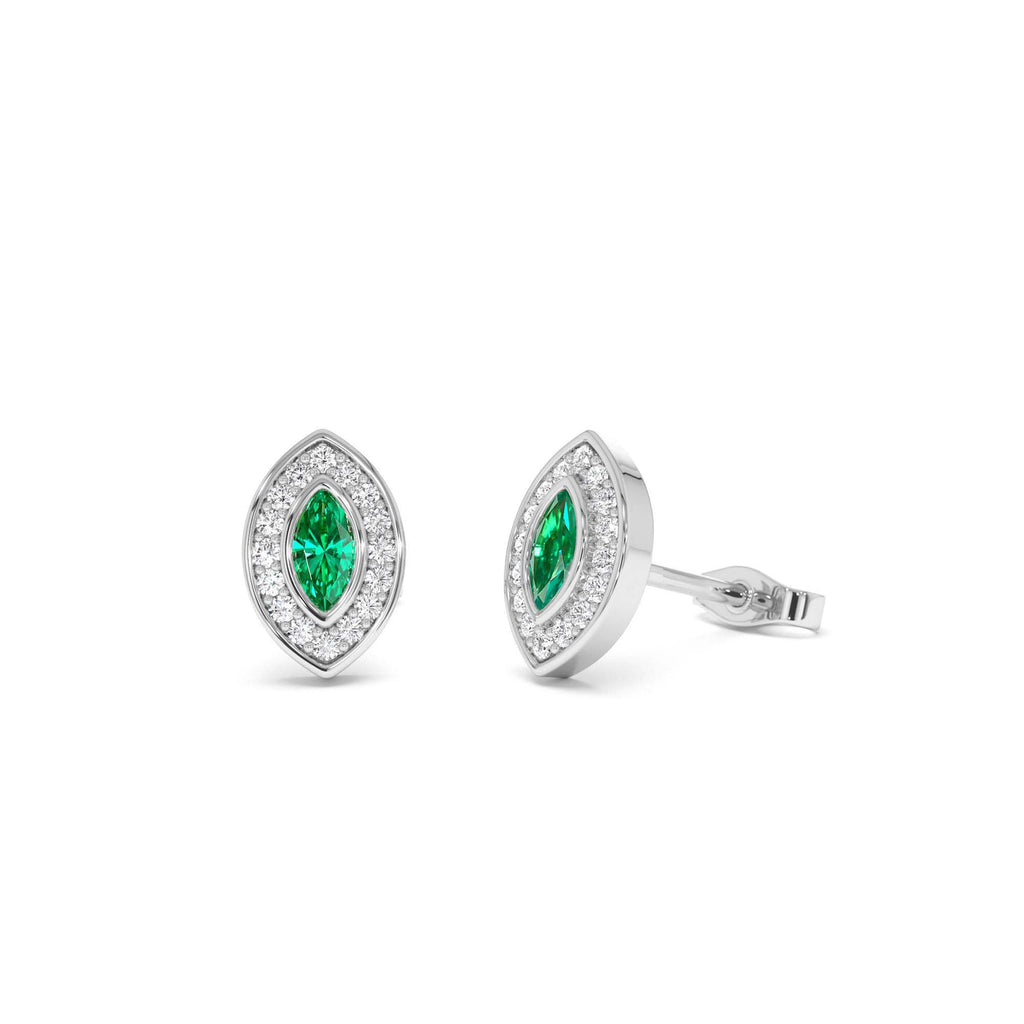 14k Marquise Emerald Diamond Halo Stud Earrings - view 2