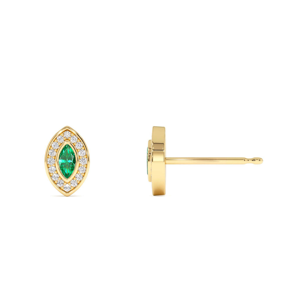 14k Marquise Emerald Diamond Halo Stud Earrings - view 3