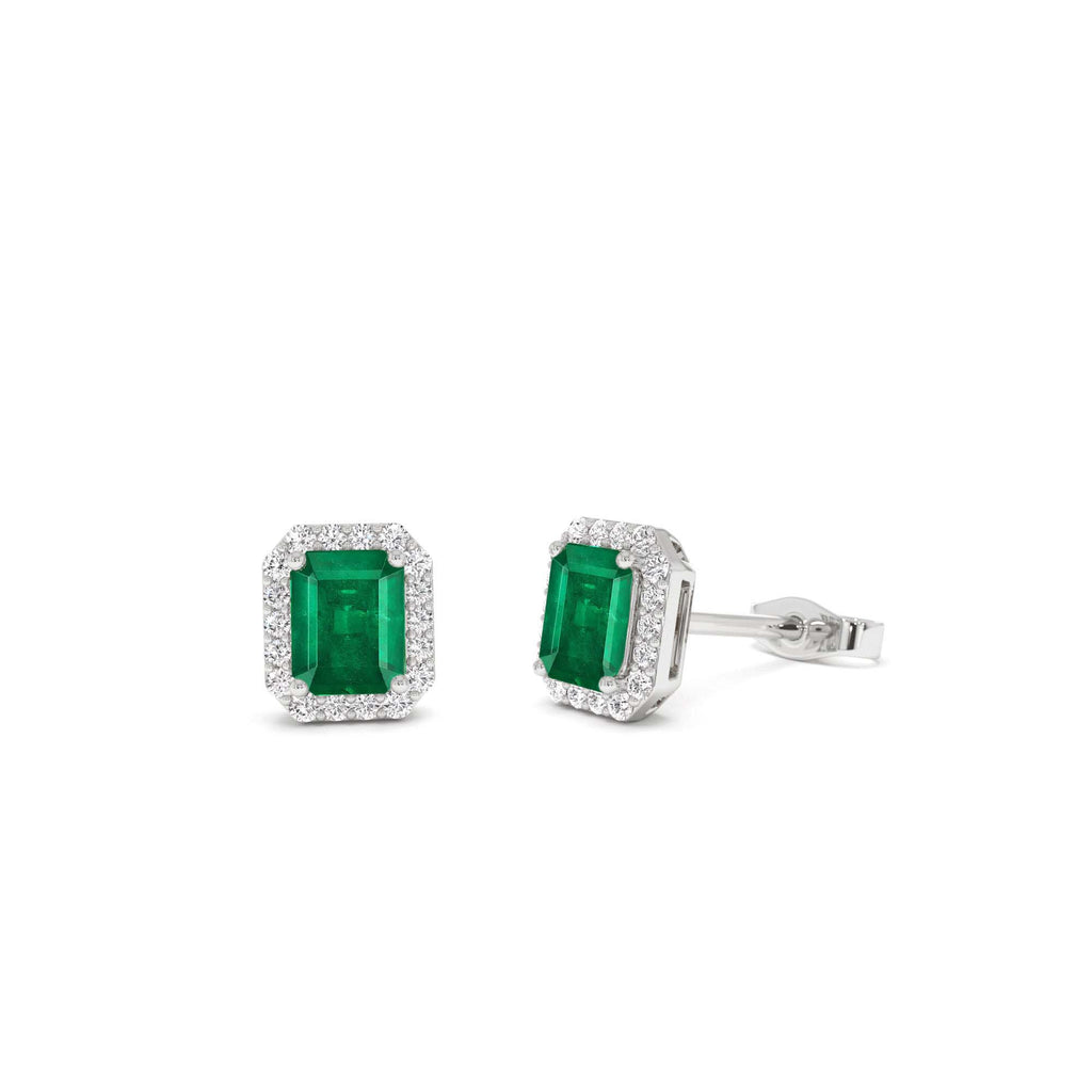 14k Emerald and Diamond Halo Stud Earrings - view 2