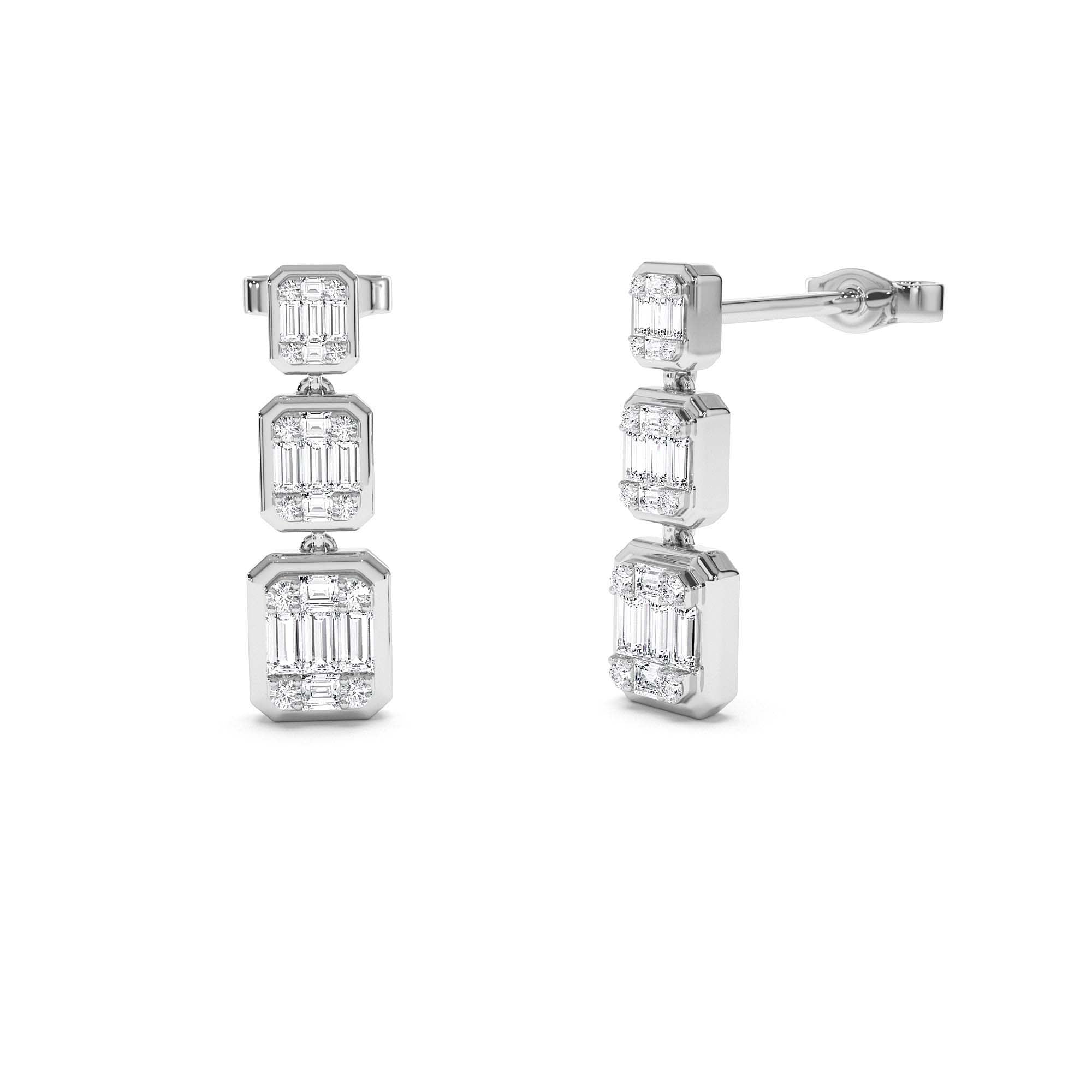 14k Baguette and Round Illusion Setting Diamond Drop Earrings - view 2