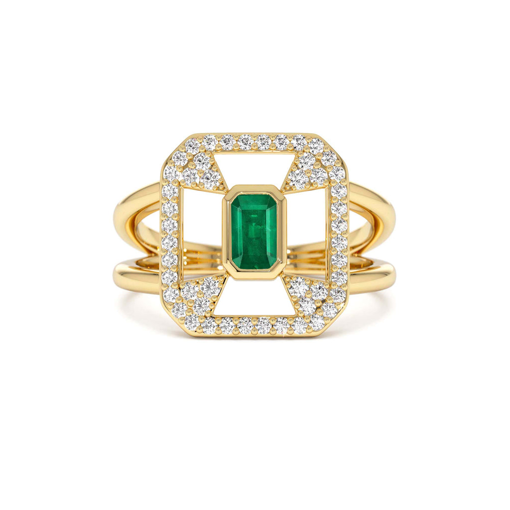 14k Art Deco Design Emerald Halo Ring by Orlina Fine