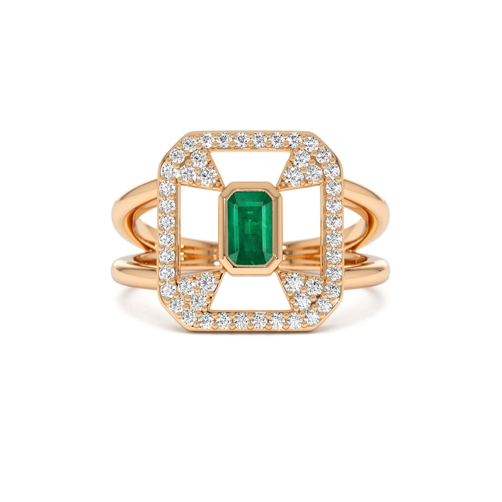 14k Art Deco Design Emerald Halo Ring - view 2