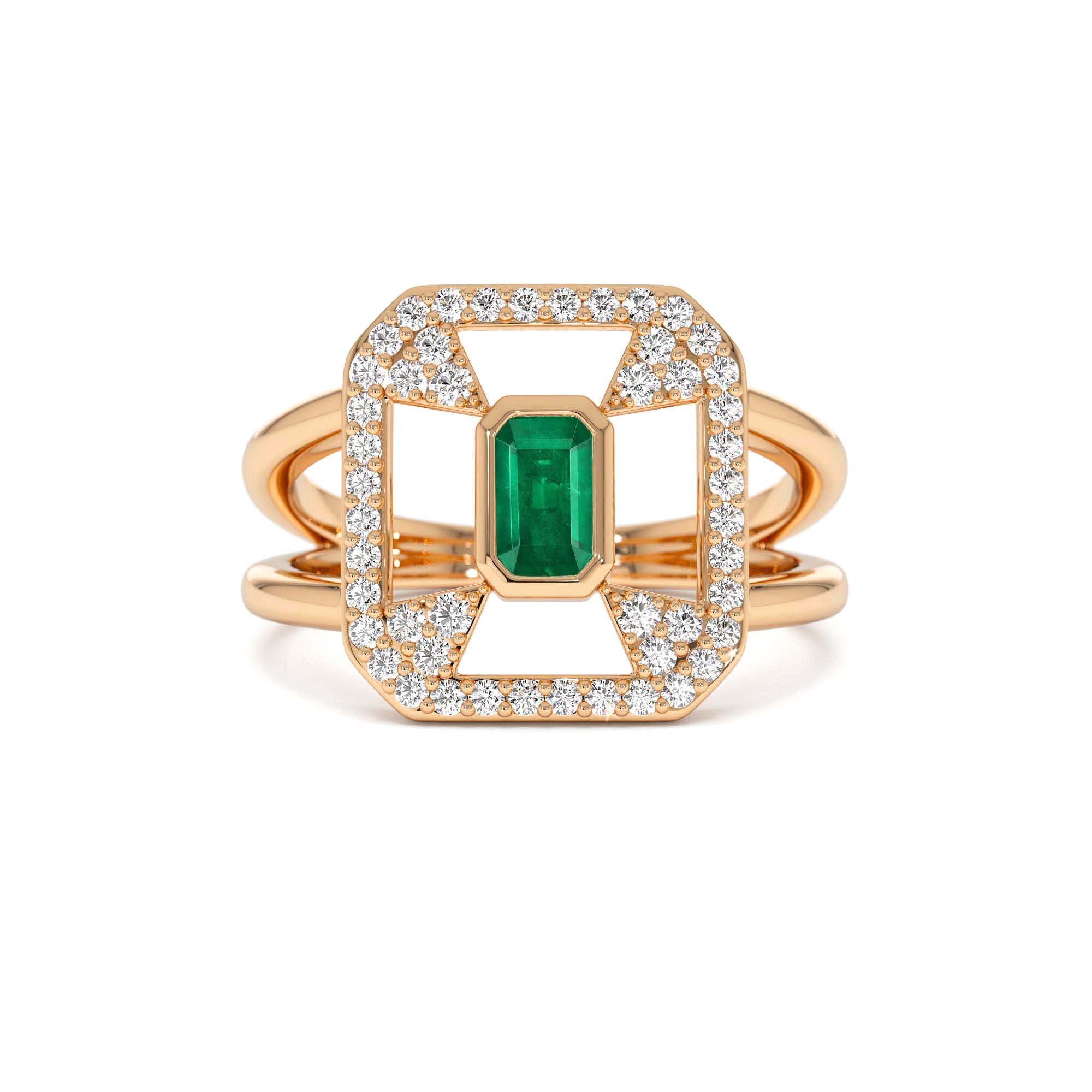14k Art Deco Design Emerald Halo Ring - view 2