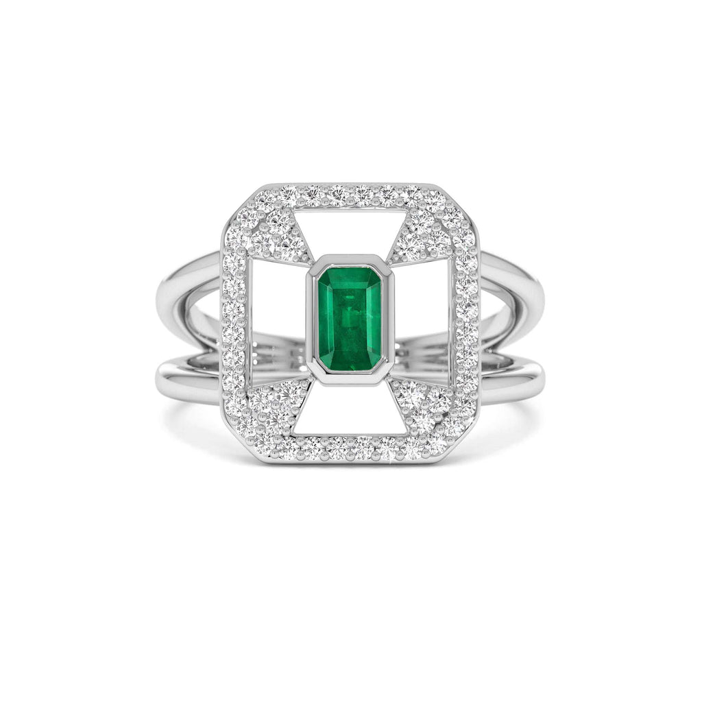 14k Art Deco Design Emerald Halo Ring - view 3