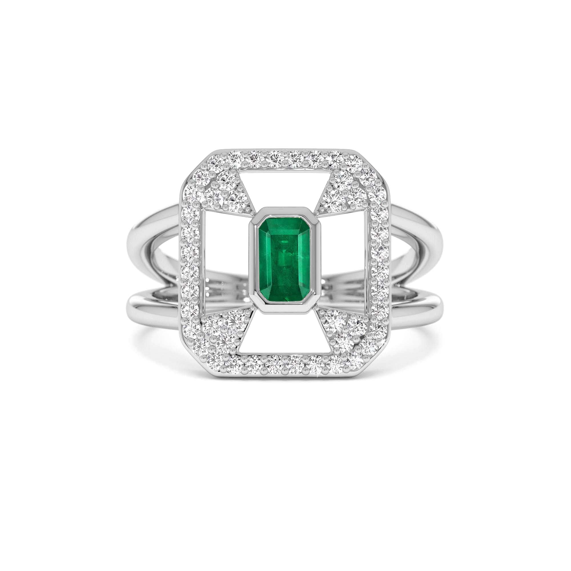 14k Art Deco Design Emerald Halo Ring - view 3