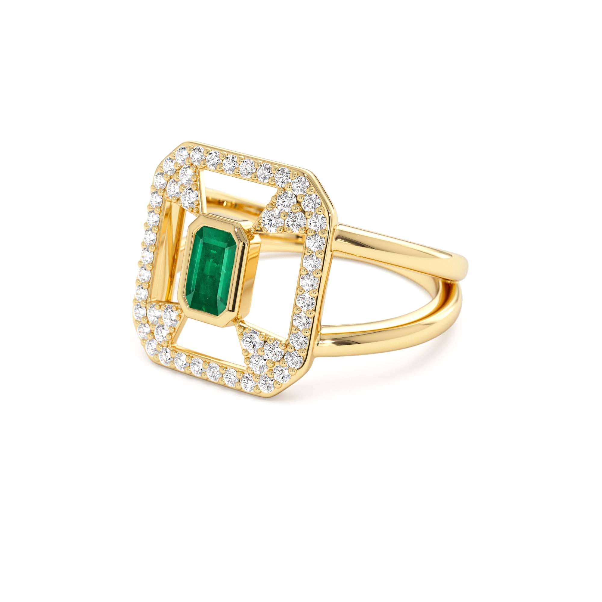 14k Art Deco Design Emerald Halo Ring - view 4