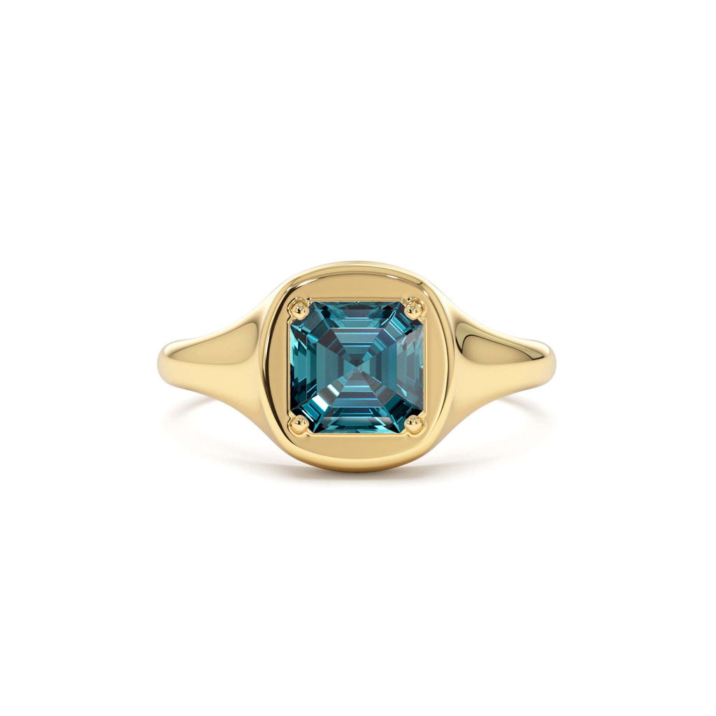 14K Asscher Cut London Blue Topaz Signet Ring by Orlina Fine