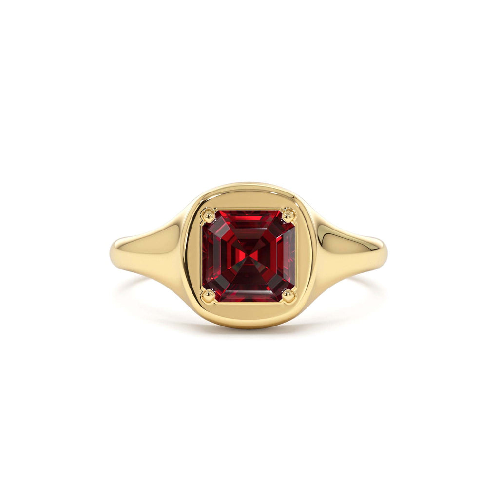 14K Asscher Cut Garnet Signet Ring by Orlina Fine