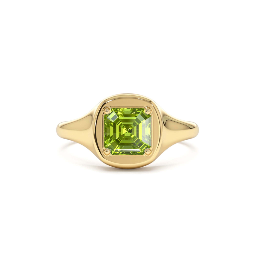 14K Asscher Cut Peridot Signet Ring by Orlina Fine