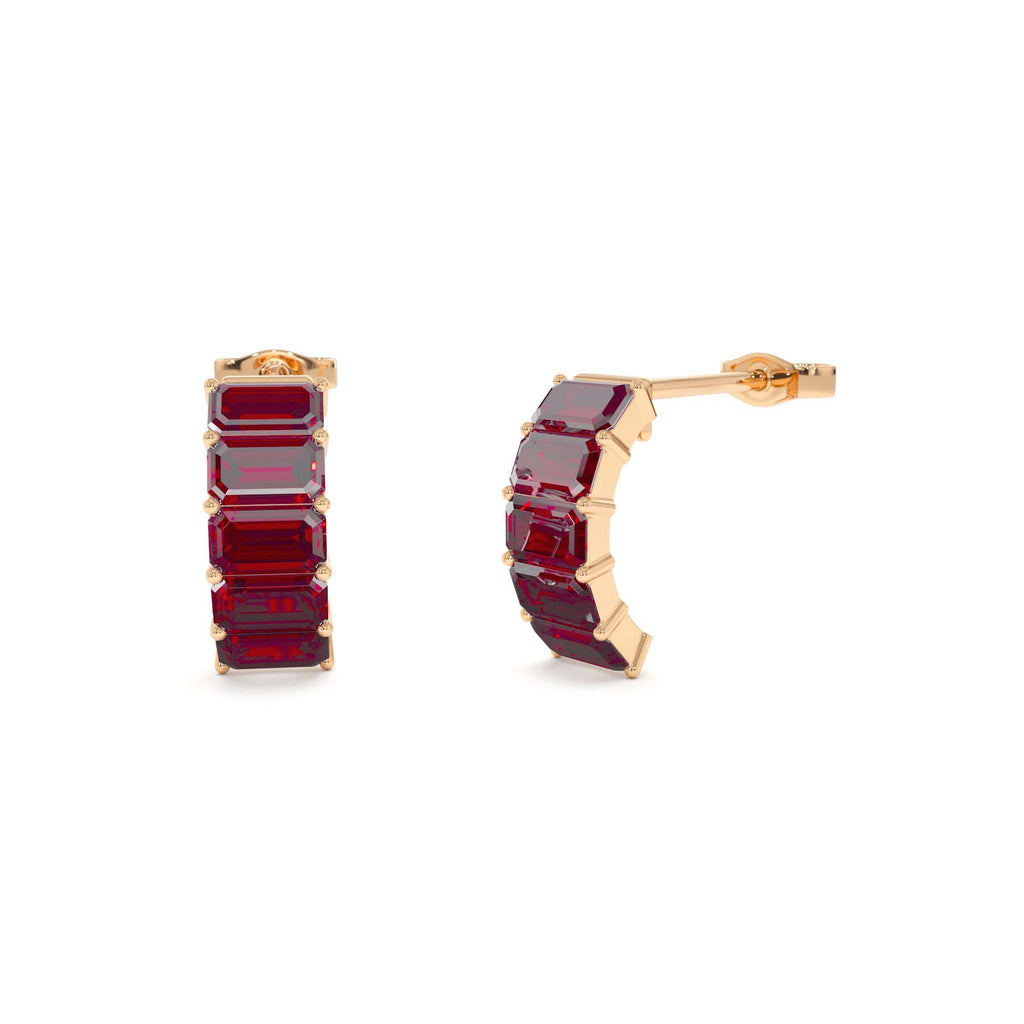 14K Emerald Cut Garnet Half Hoop Earrings - view 2