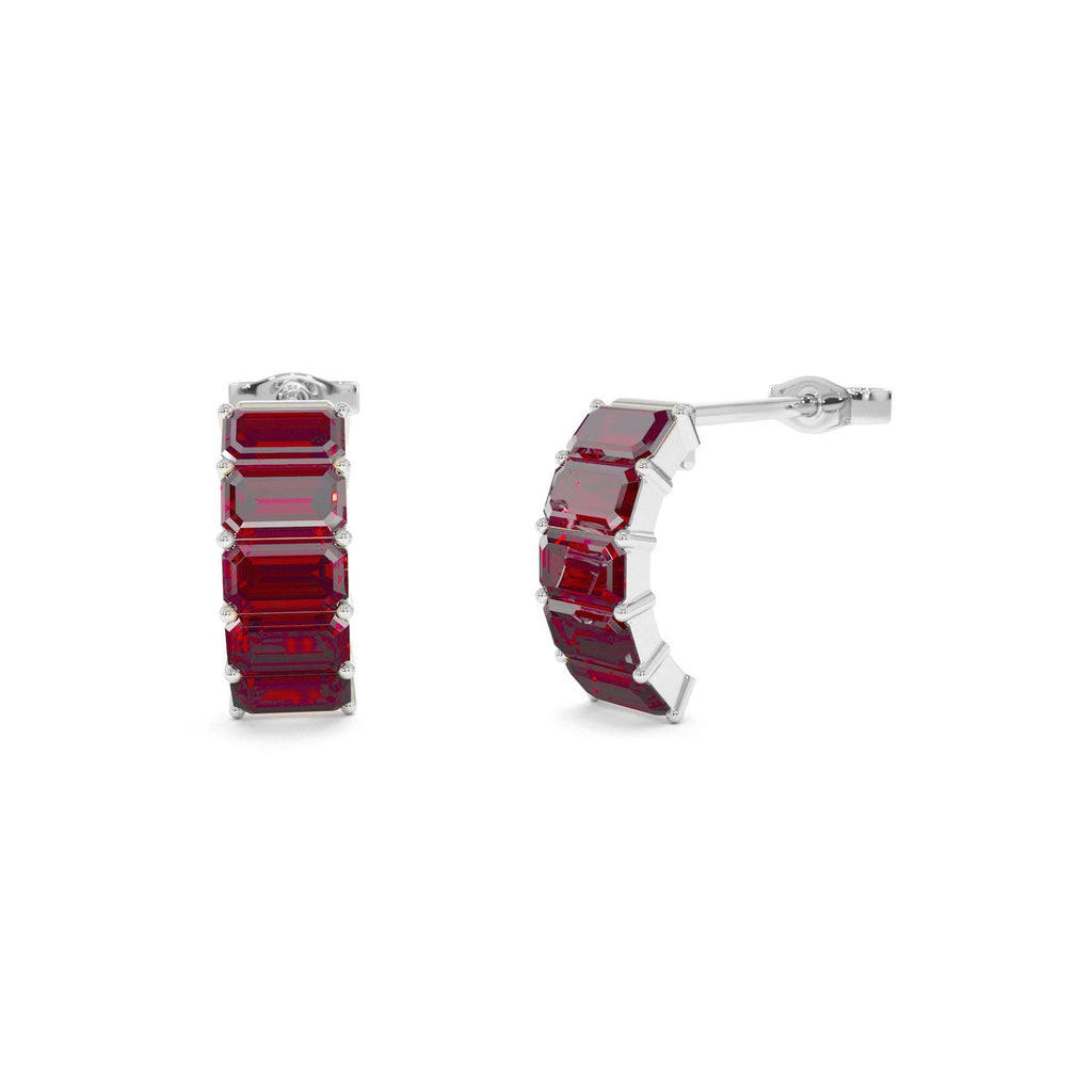 14K Emerald Cut Garnet Half Hoop Earrings - view 3