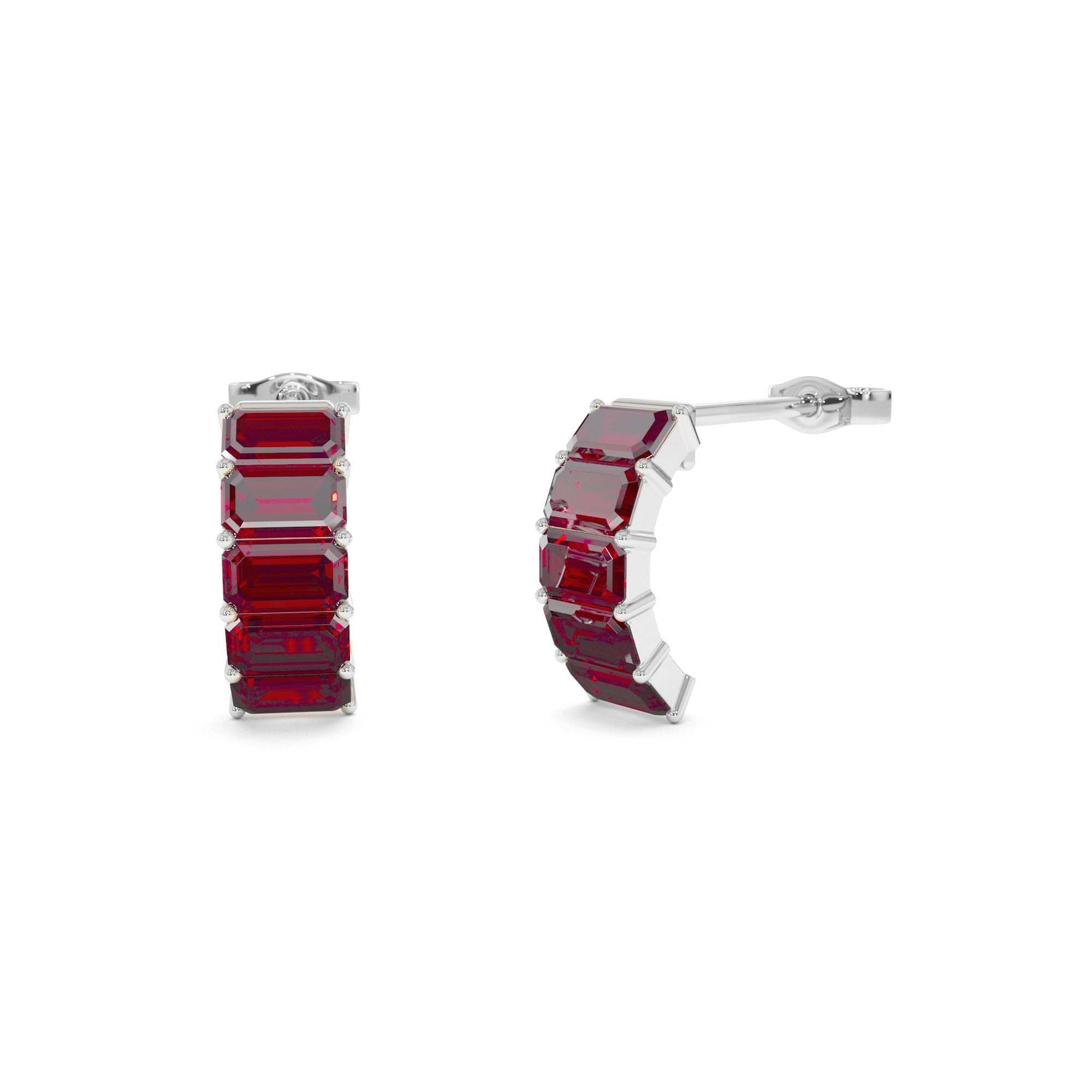 14K Emerald Cut Garnet Half Hoop Earrings - view 3