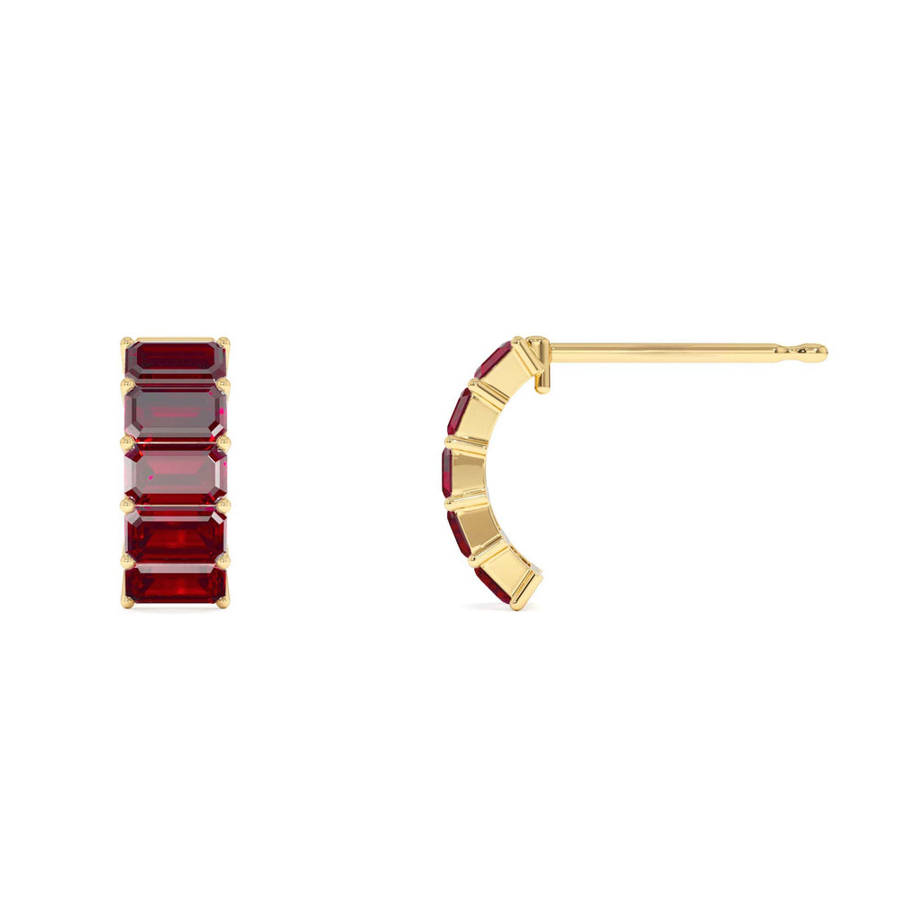 14K Emerald Cut Garnet Half Hoop Earrings - view 4