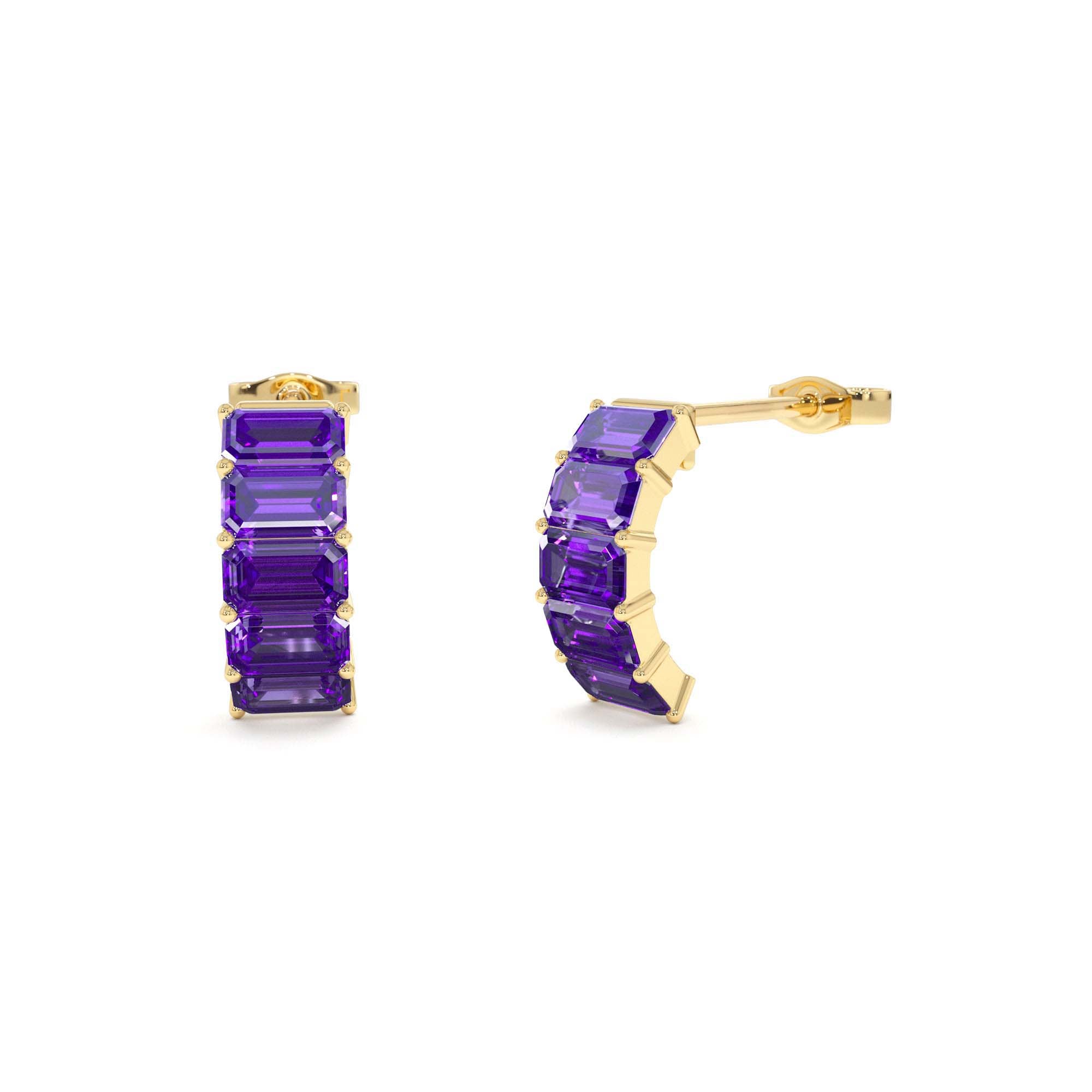 14K Emerald Cut Amethyst Half Hoop Earrings by Orlina Fine