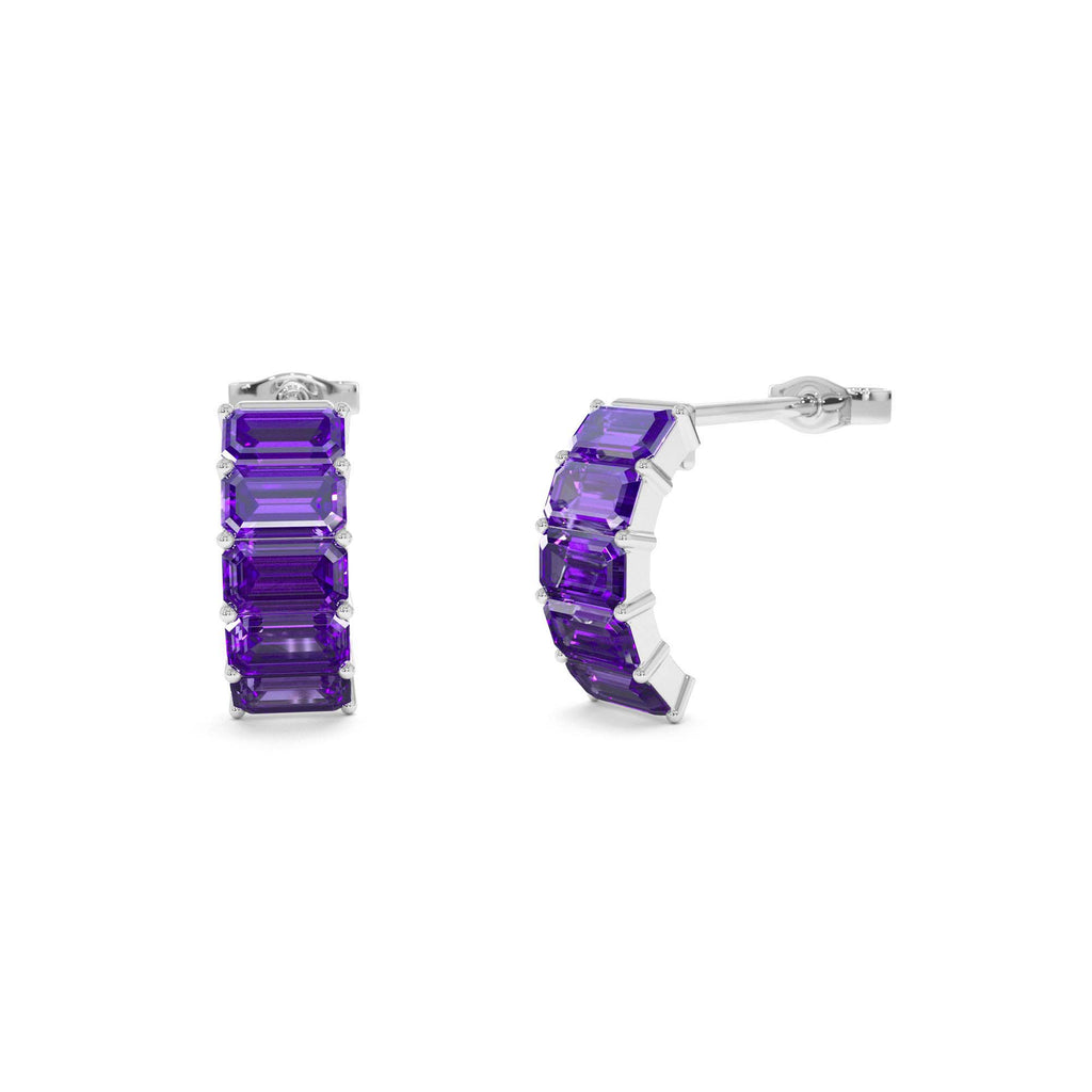 14K Emerald Cut Amethyst Half Hoop Earrings - view 3