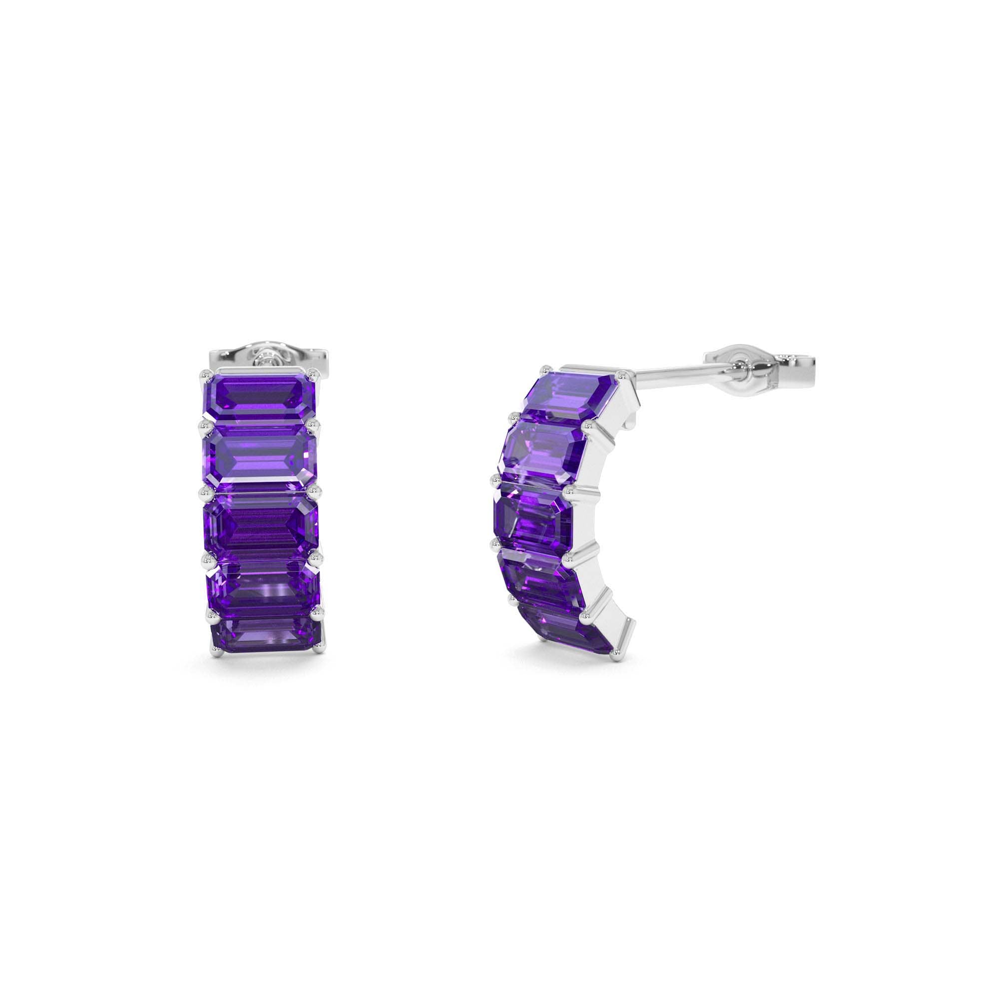 14K Emerald Cut Amethyst Half Hoop Earrings - view 3