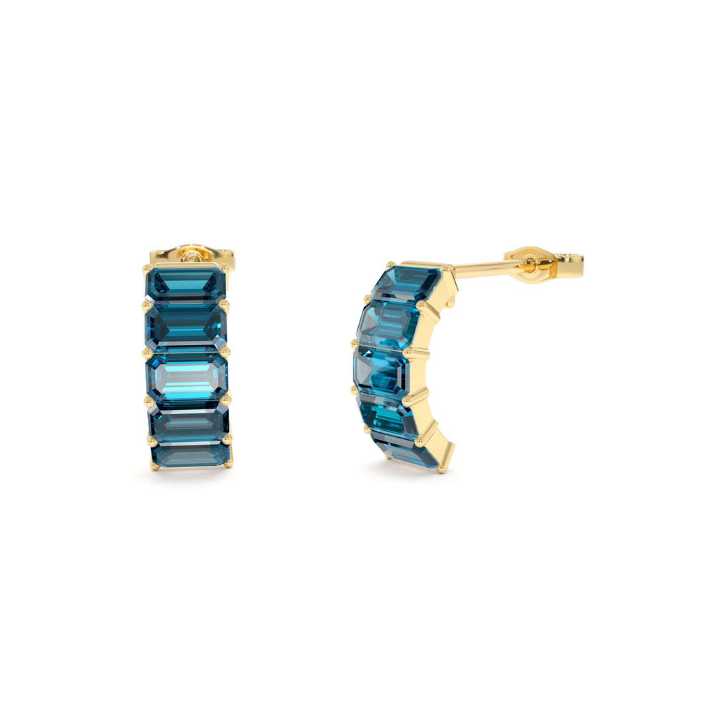 14K Emerald Cut London Blue Topaz Half Hoop Earrings by Orlina Fine