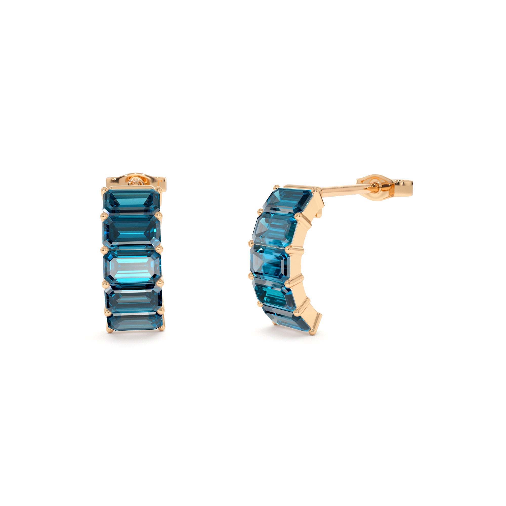 14K Emerald Cut London Blue Topaz Half Hoop Earrings - view 2