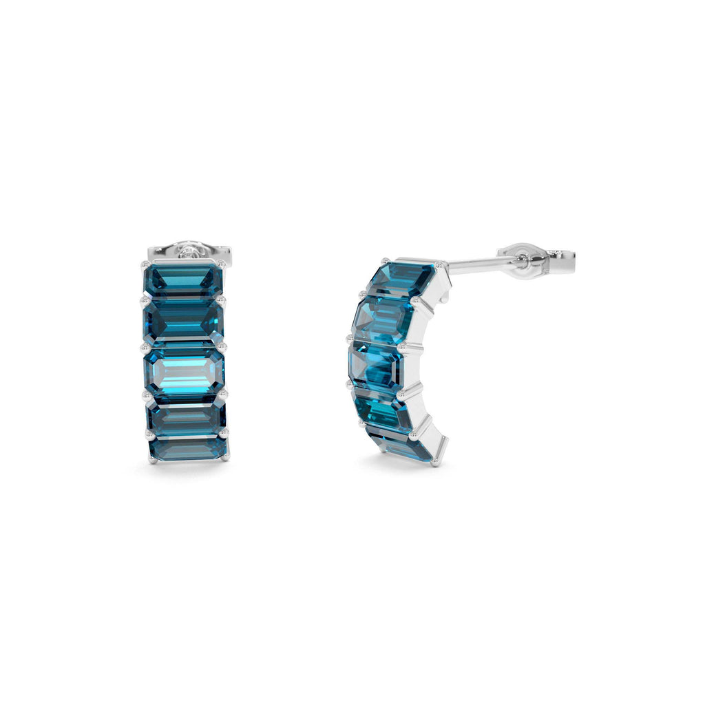 14K Emerald Cut London Blue Topaz Half Hoop Earrings - view 3
