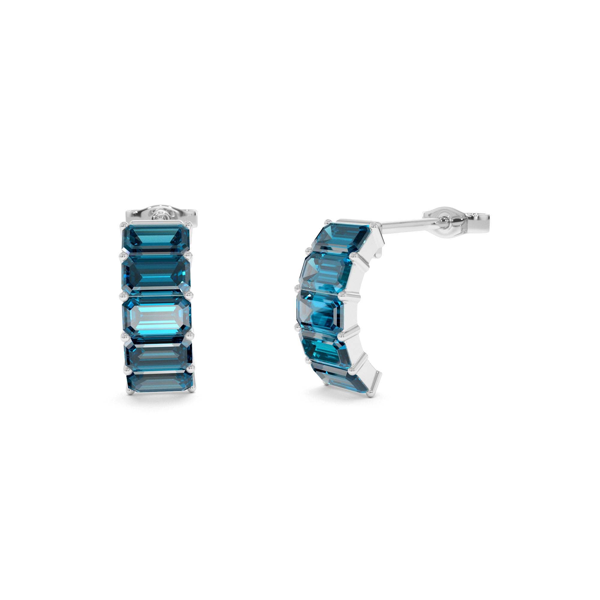 14K Emerald Cut London Blue Topaz Half Hoop Earrings - view 3