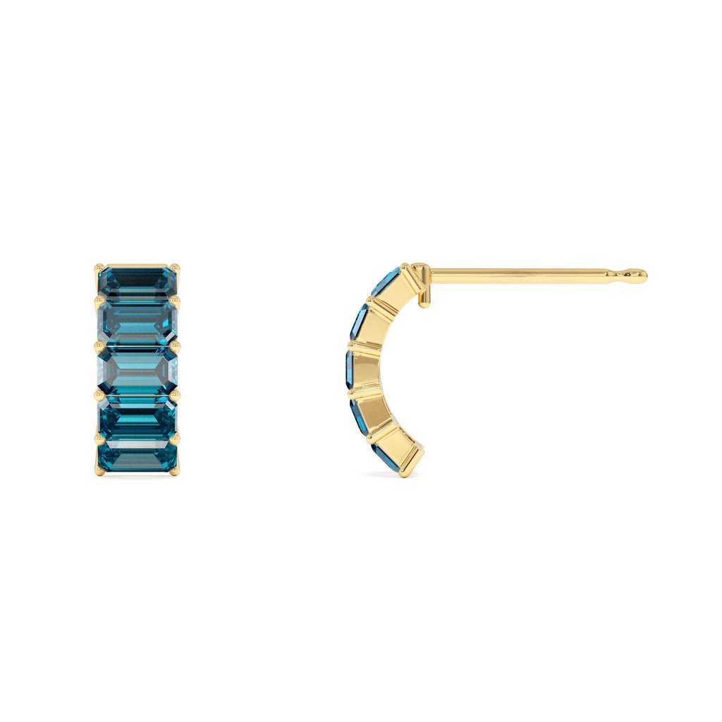 14K Emerald Cut London Blue Topaz Half Hoop Earrings - view 4