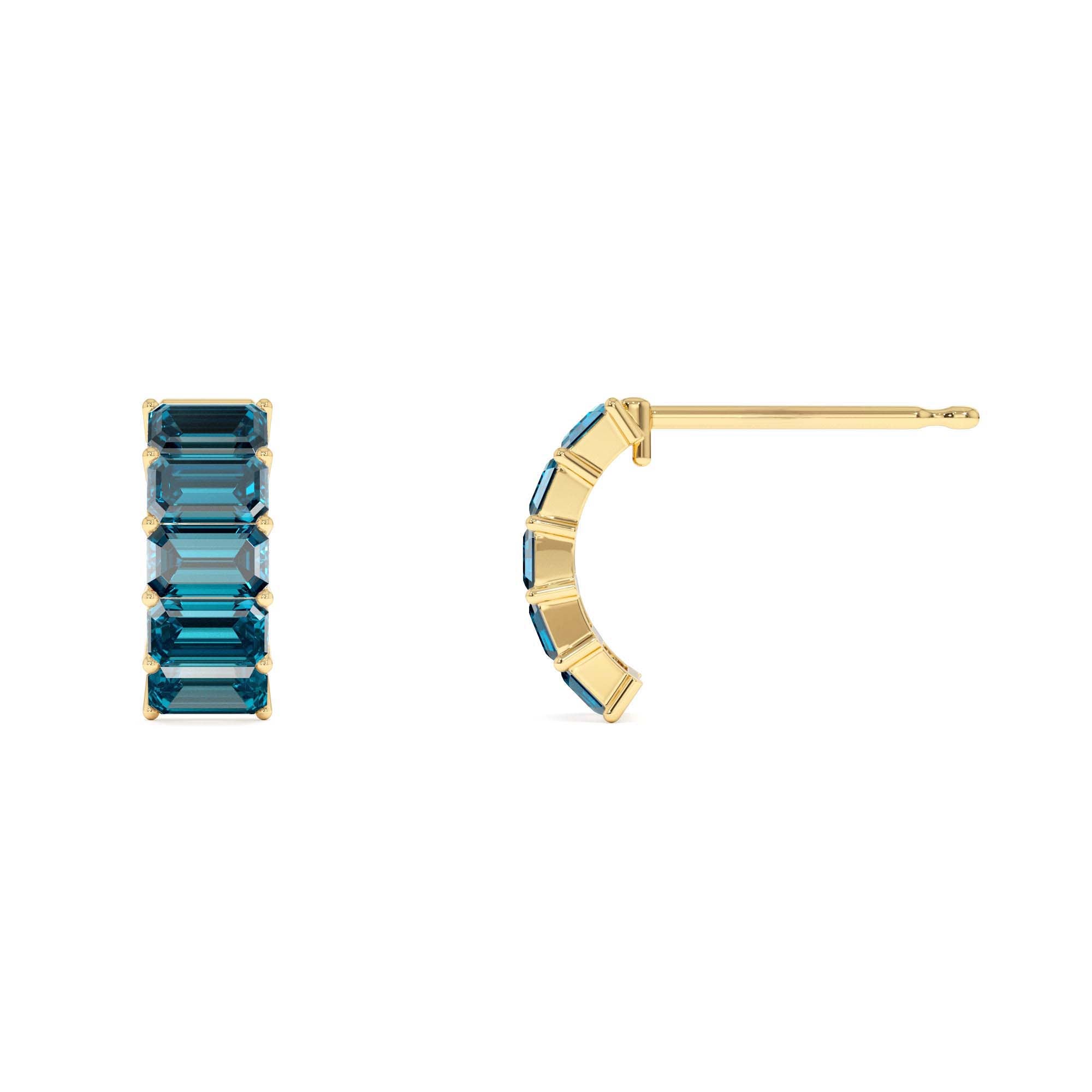14K Emerald Cut London Blue Topaz Half Hoop Earrings - view 4