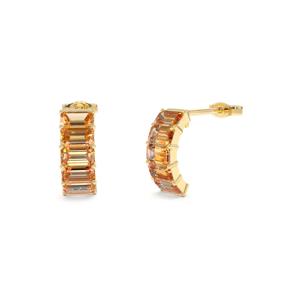 14K Emerald Cut Citrine Half Hoop Earrings by Orlina Fine