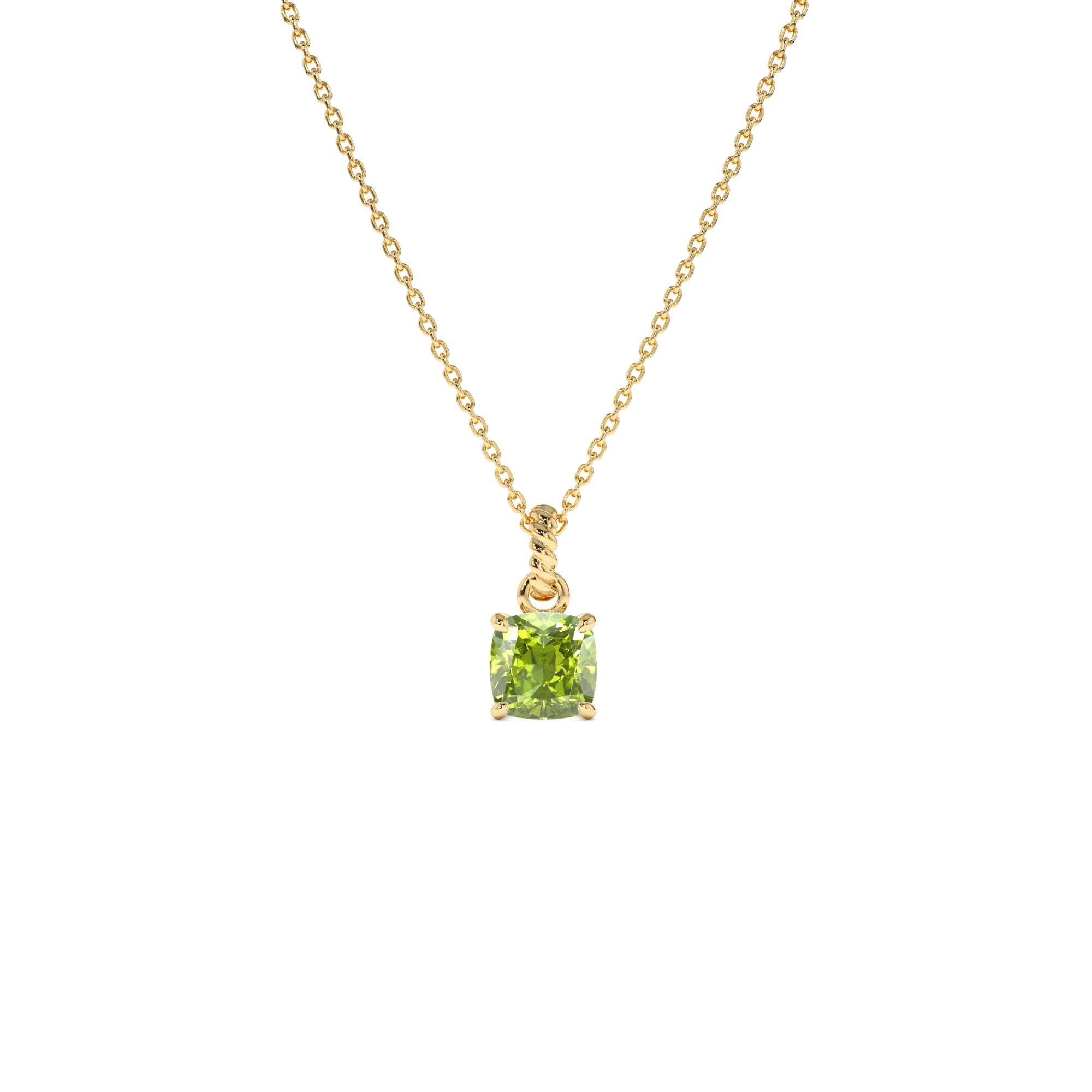 14K Cushion Cut Peridot Solitaire Necklace by Orlina Fine