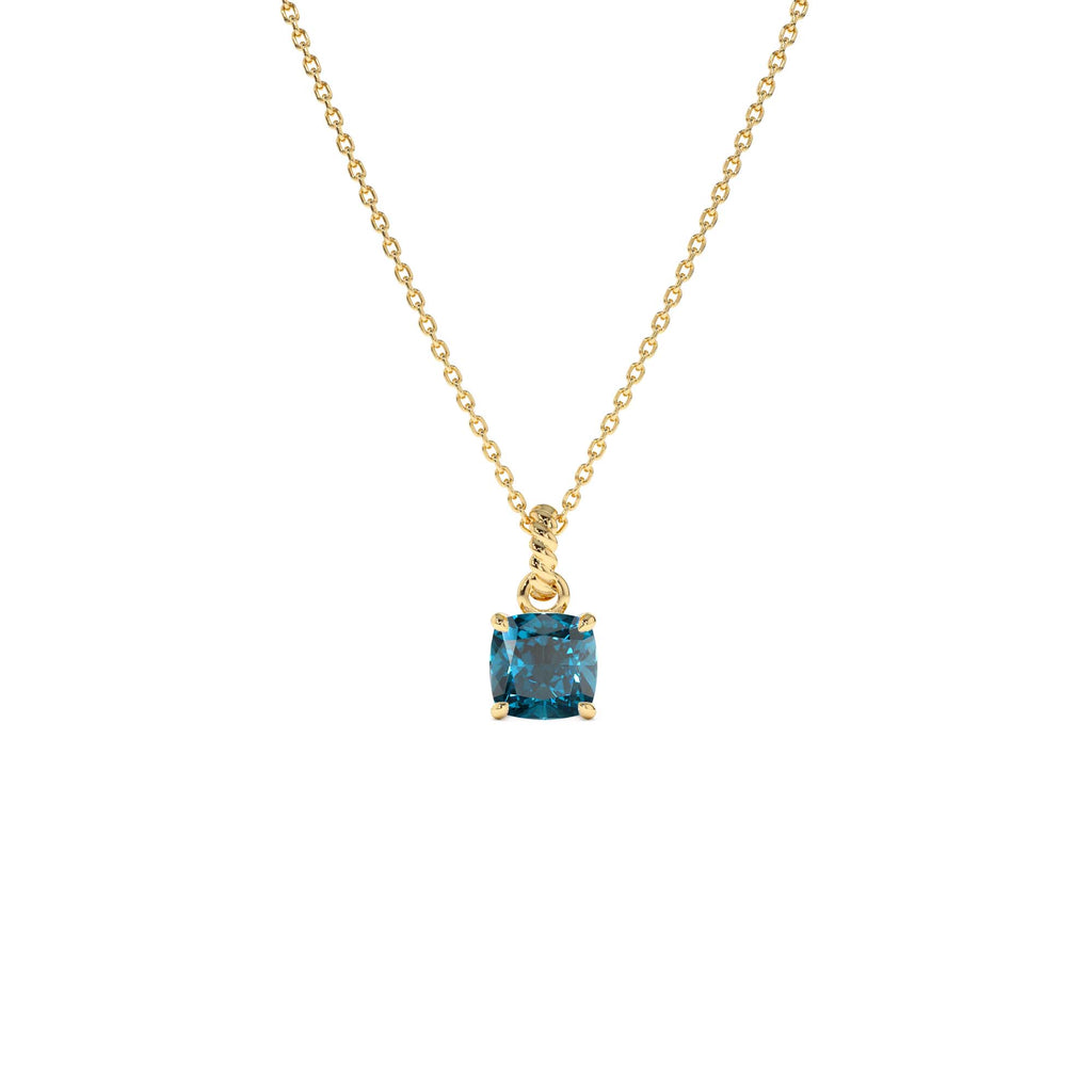14K Cushion Cut London Blue Topaz Solitaire Necklace by Orlina Fine