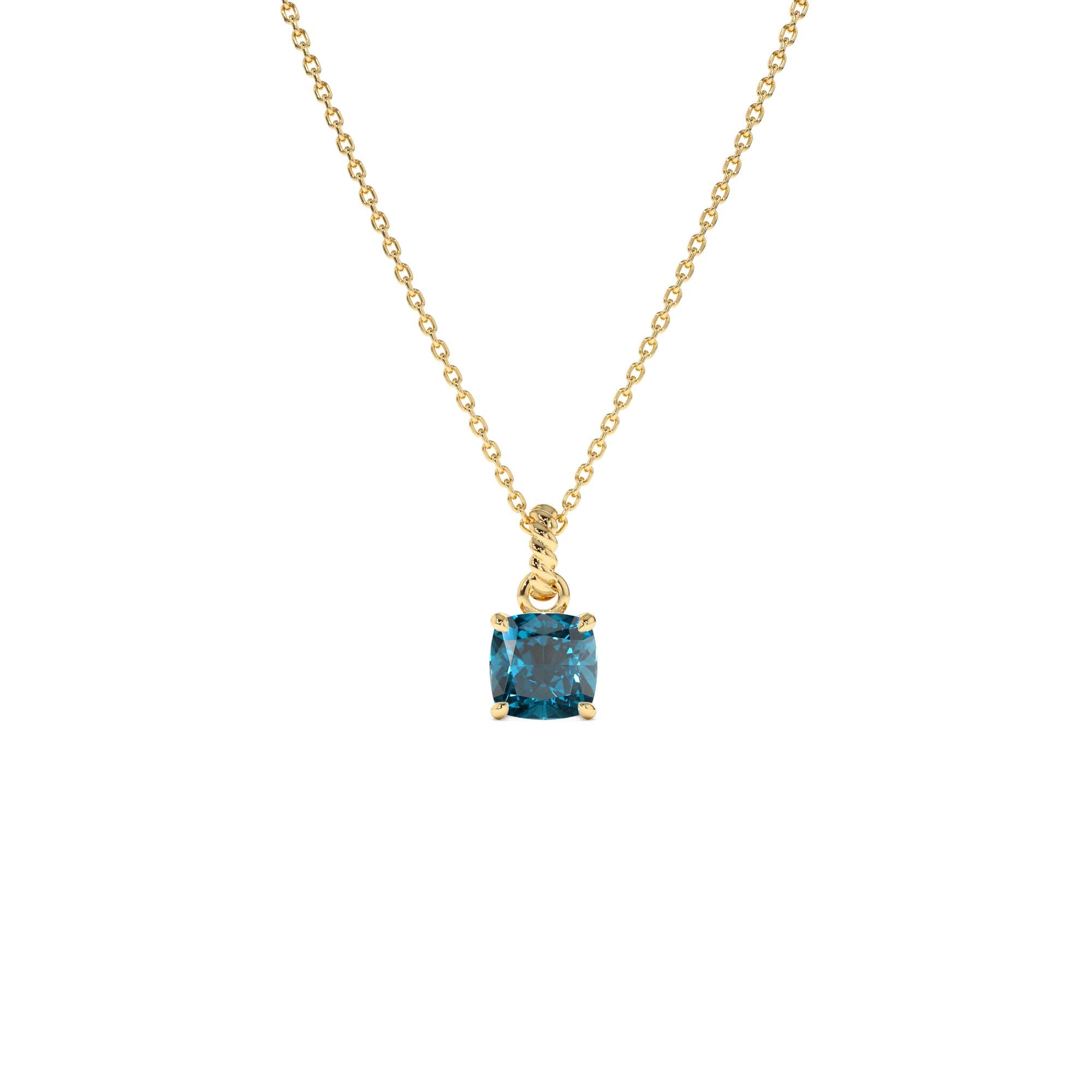 14K Cushion Cut London Blue Topaz Solitaire Necklace by Orlina Fine