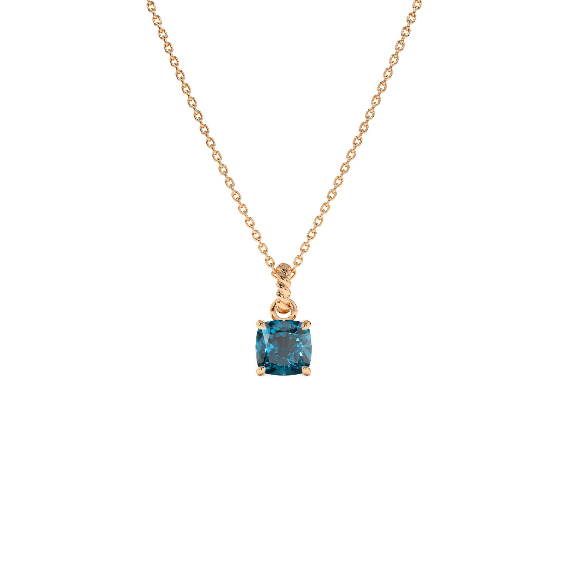 14K Cushion Cut London Blue Topaz Solitaire Necklace - view 2