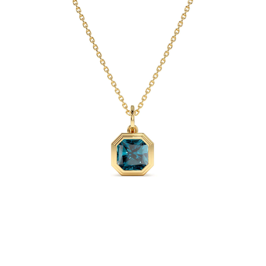 14K Asscher Cut Bezel Set London Blue Topaz Necklace by Orlina Fine