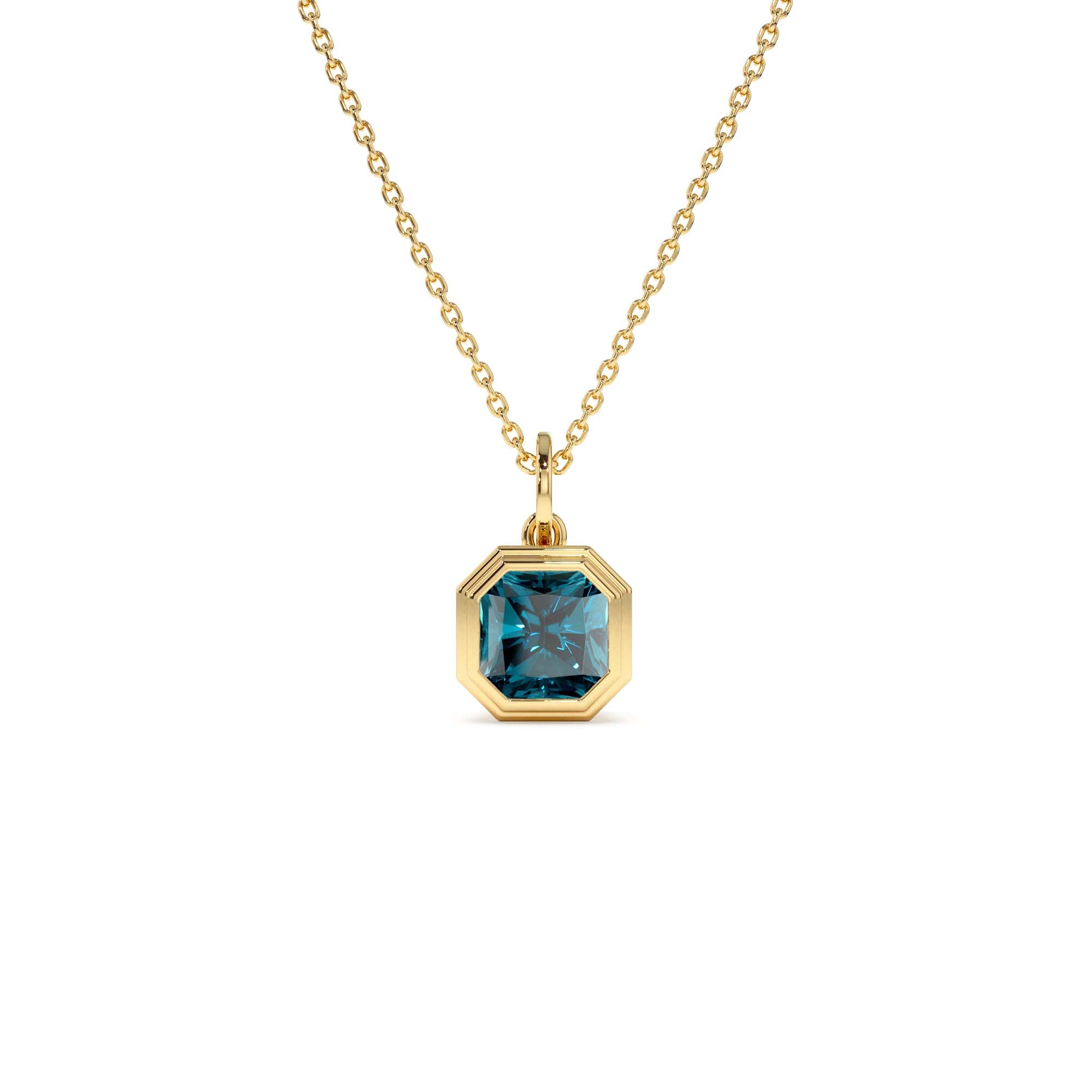 14K Asscher Cut Bezel Set London Blue Topaz Necklace by Orlina Fine
