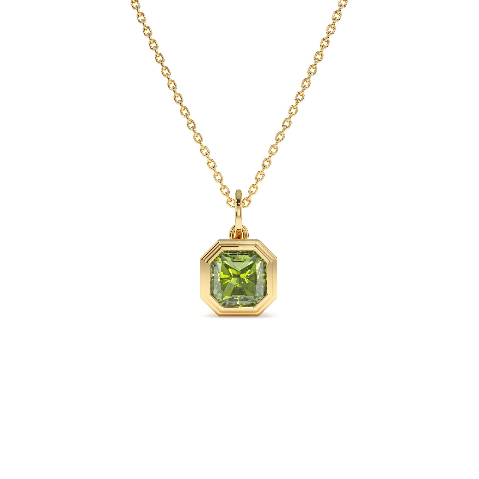 14K Asscher Cut Bezel Set Peridot Necklace by Orlina Fine