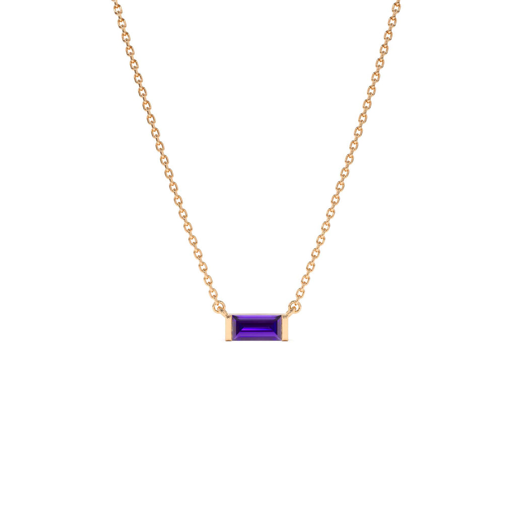 14Kt Gold Baguette Amethyst Dainty Birthstone Necklace - view 2