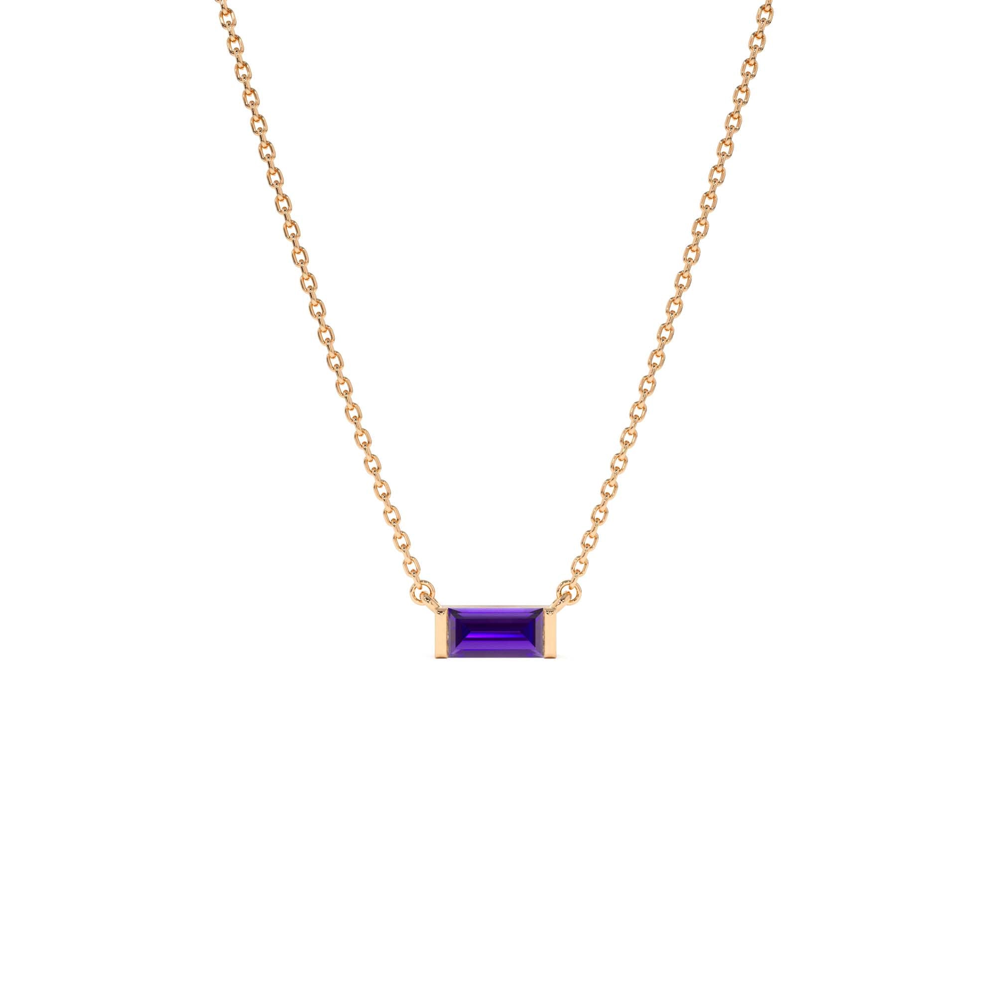 14Kt Gold Baguette Amethyst Dainty Birthstone Necklace - view 2