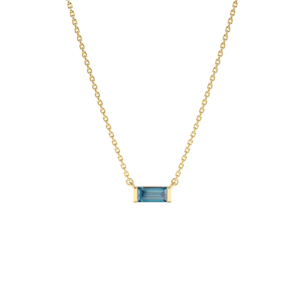 14Kt Gold Baguette London Blue Topaz Dainty Birthstone Necklace by Orlina Fine