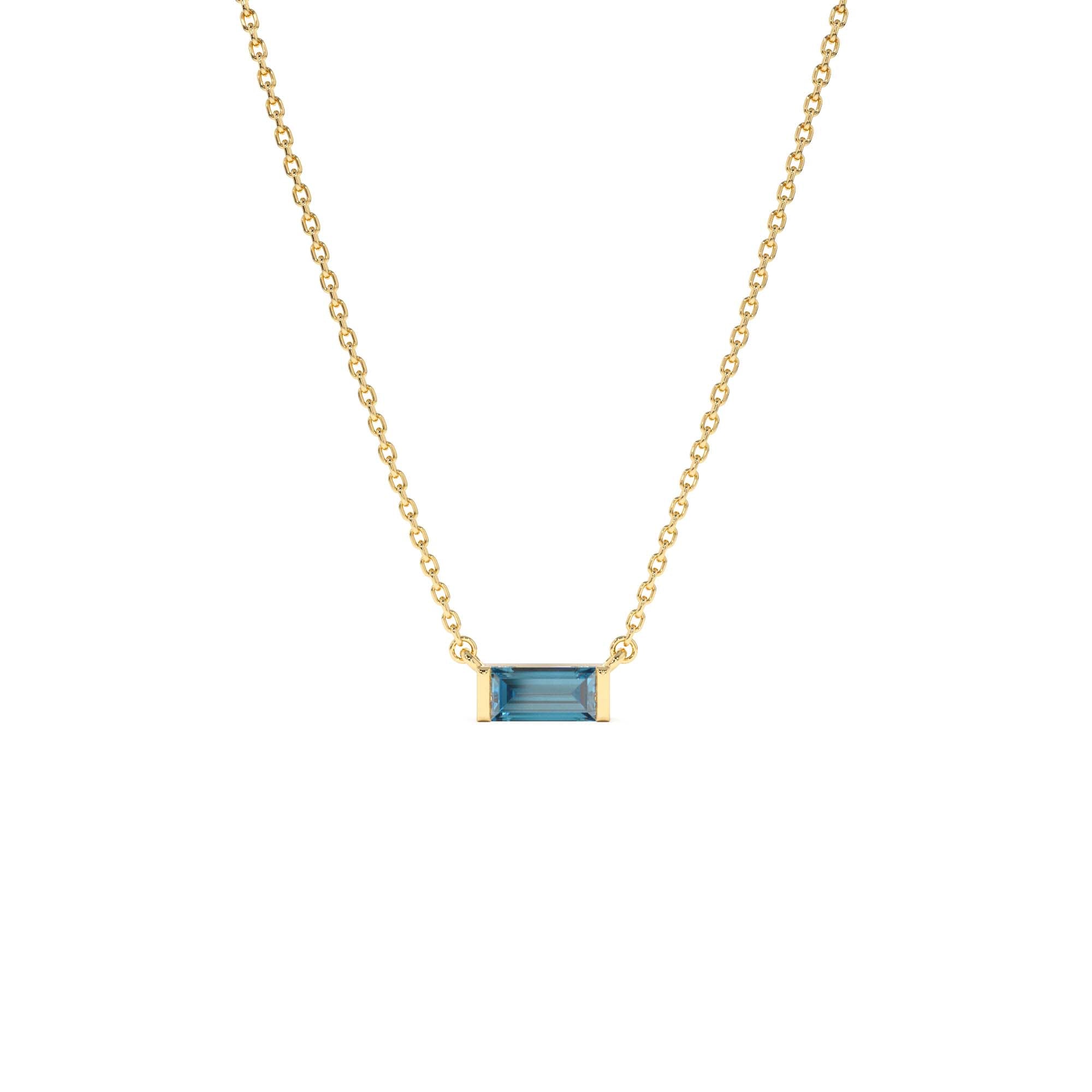 14Kt Gold Baguette London Blue Topaz Dainty Birthstone Necklace by Orlina Fine