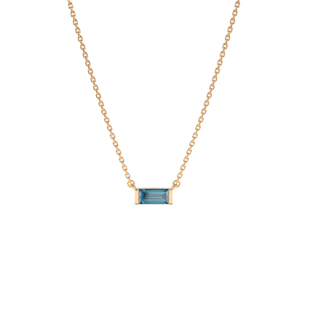 14Kt Gold Baguette London Blue Topaz Dainty Birthstone Necklace - view 3