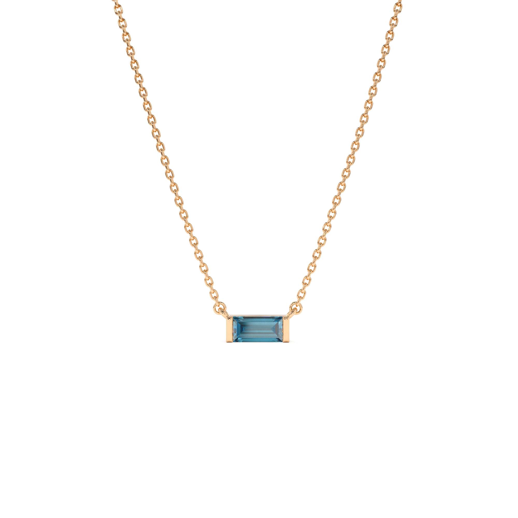 14Kt Gold Baguette London Blue Topaz Dainty Birthstone Necklace - view 3