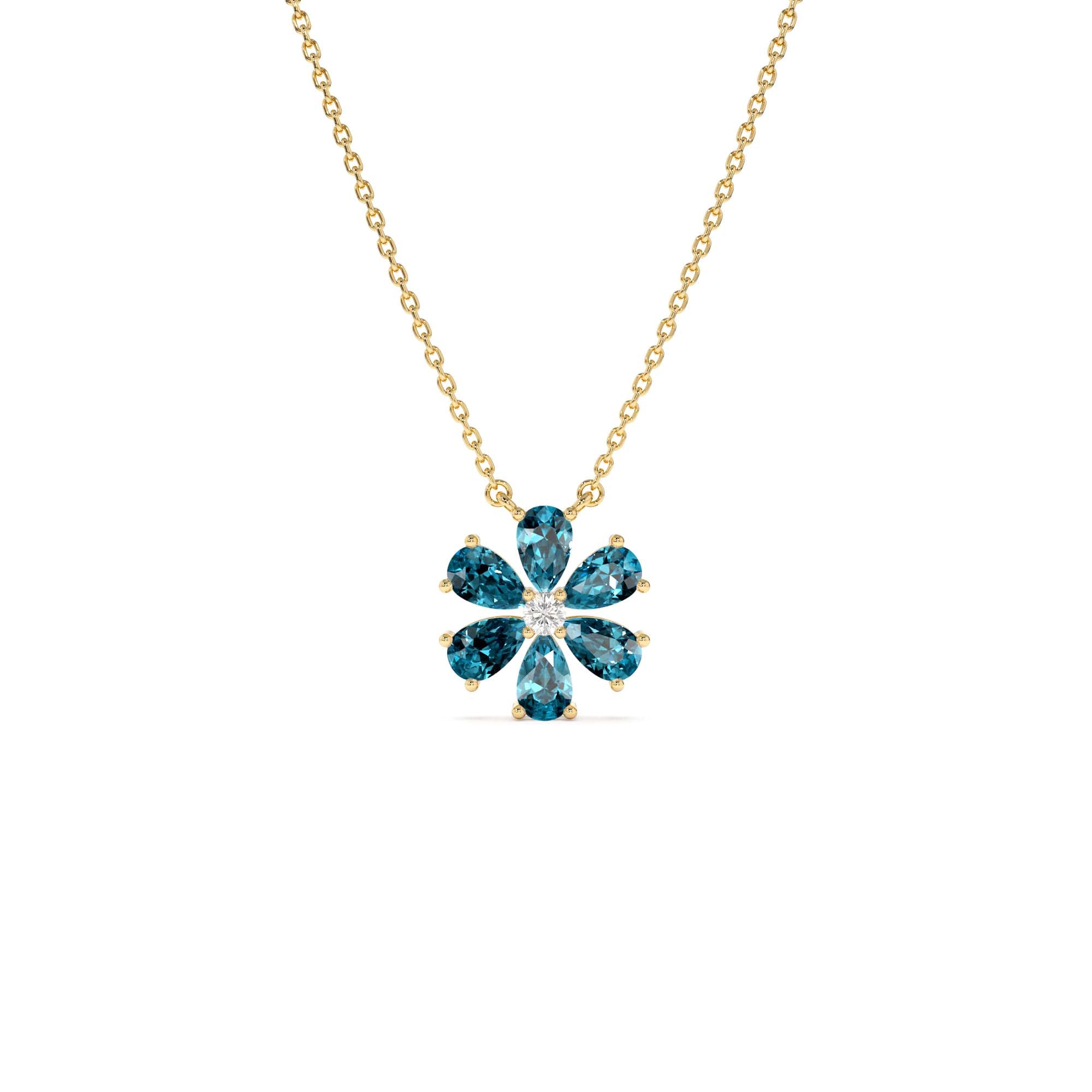 14K Gold London Blue Topaz Flower Necklace by Orlina Fine