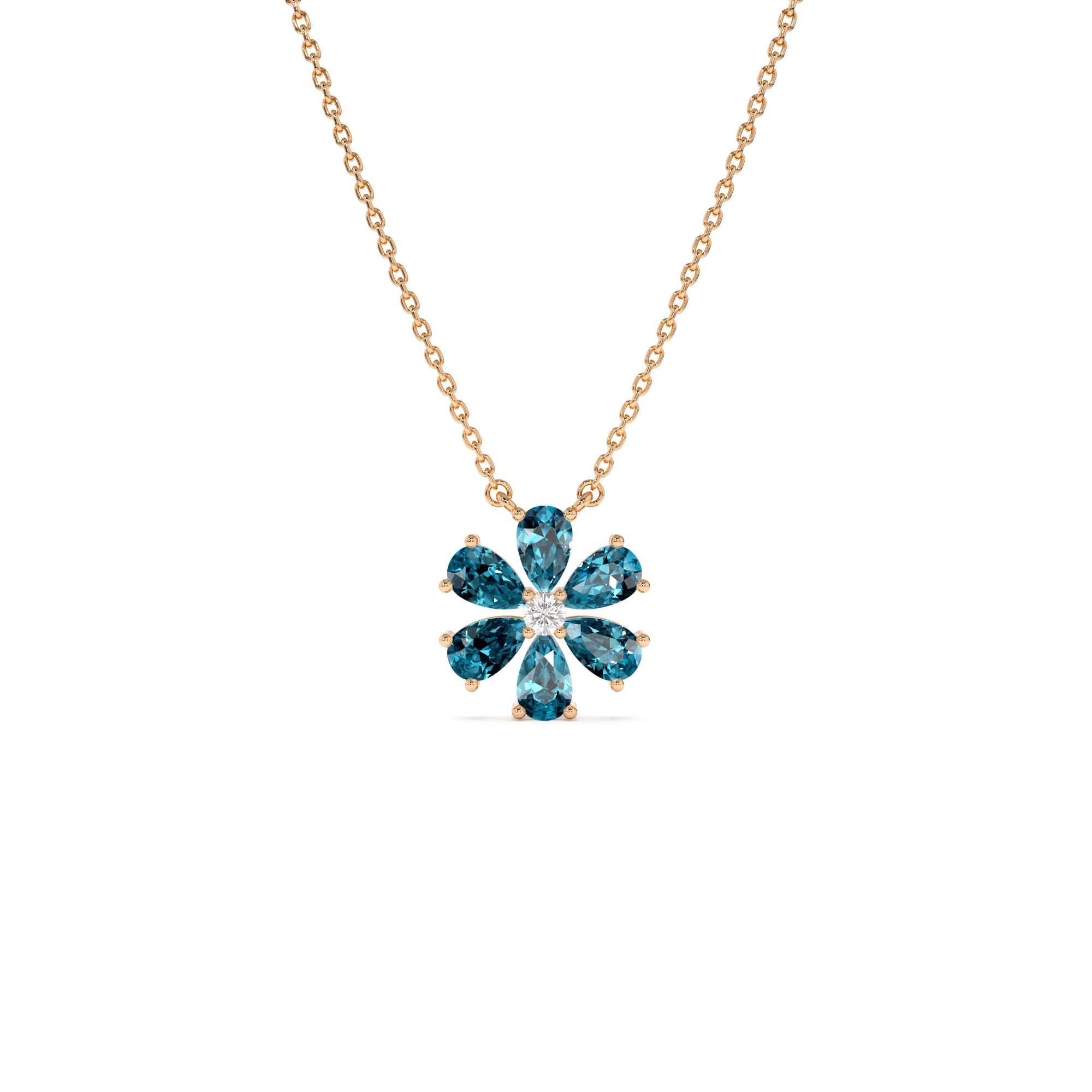 14K Gold London Blue Topaz Flower Necklace - view 2