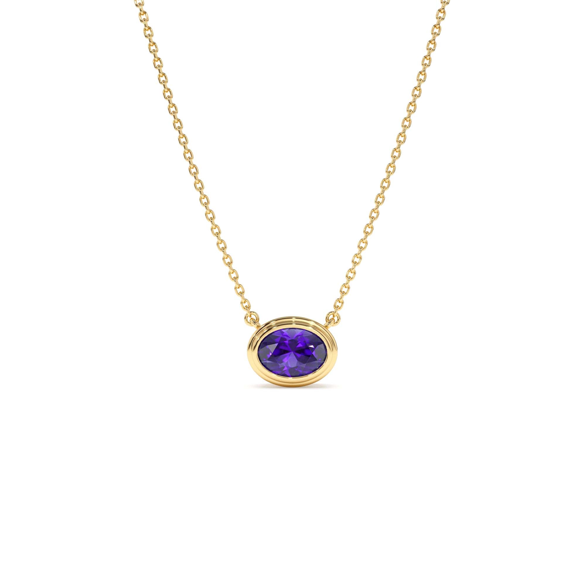 14K Gold Oval Shape Bezel Set Amethyst Necklace by Orlina Fine
